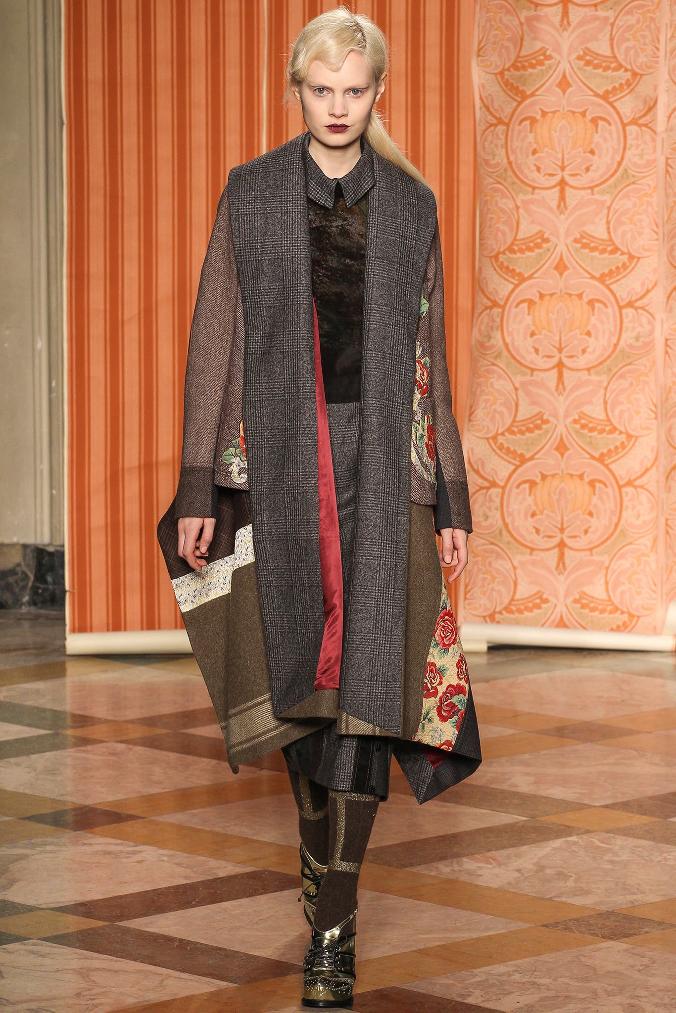 gray wool coat with embroidered details