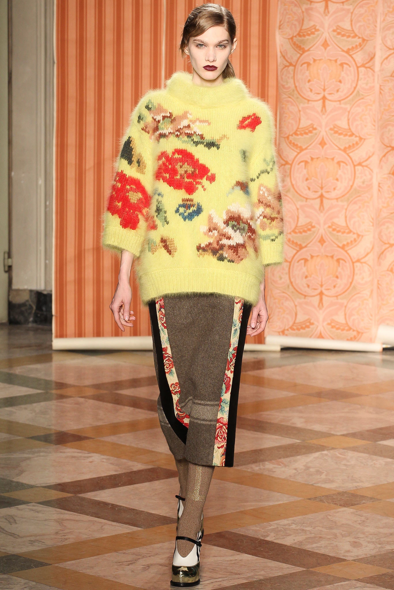 yellow wool long-sleeve high-neck oversized embroidered sweater