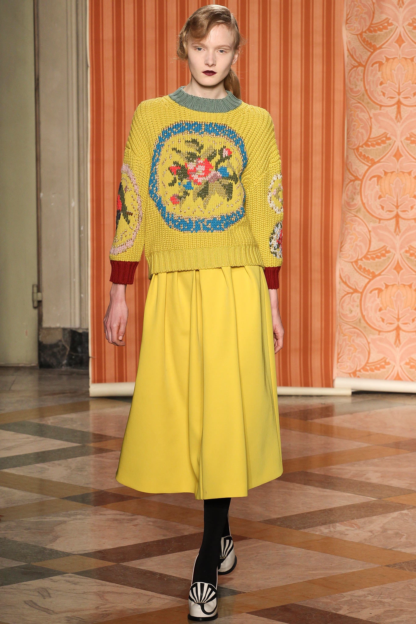 yellow wool long-sleeve collared relaxed embroidered sweater