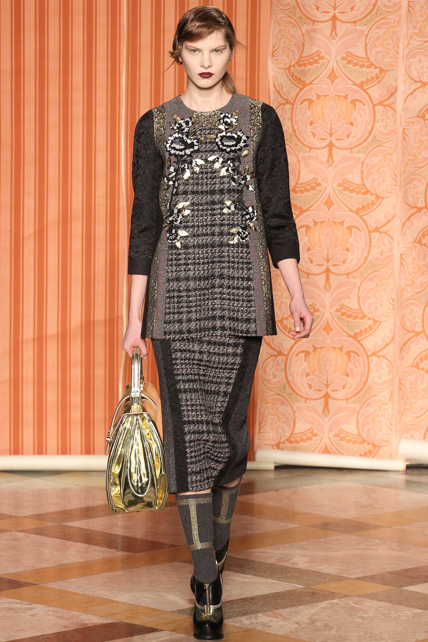 black gray embroidered midi dress