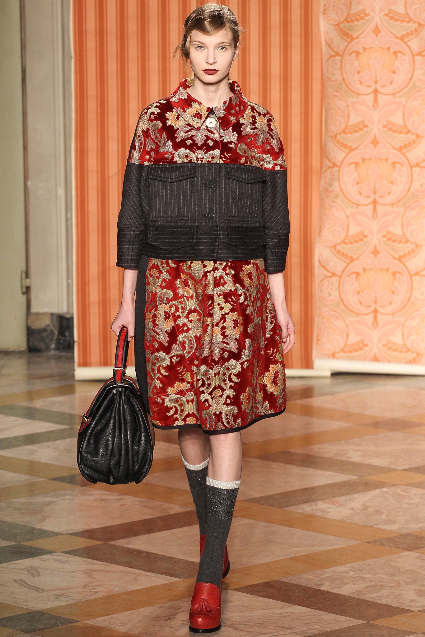 red velvet long-sleeve collared fitted embroidered buttoned coat