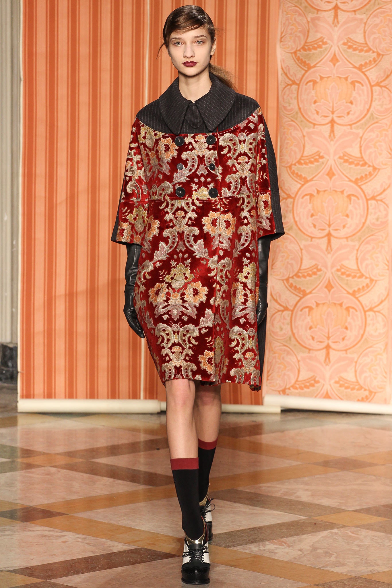 red velvet long-sleeve collared fitted embroidered buttoned coat