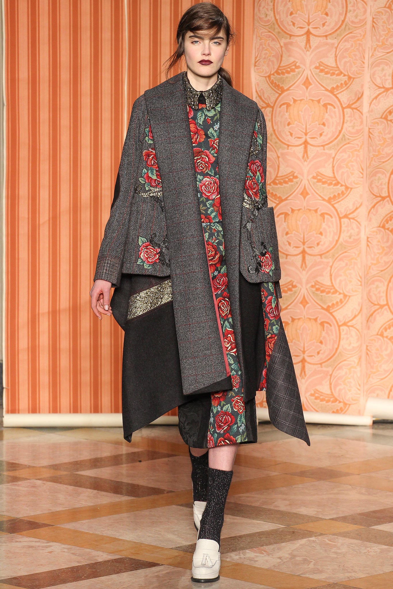 gray wool long-sleeve collared relaxed layered embroidered coat