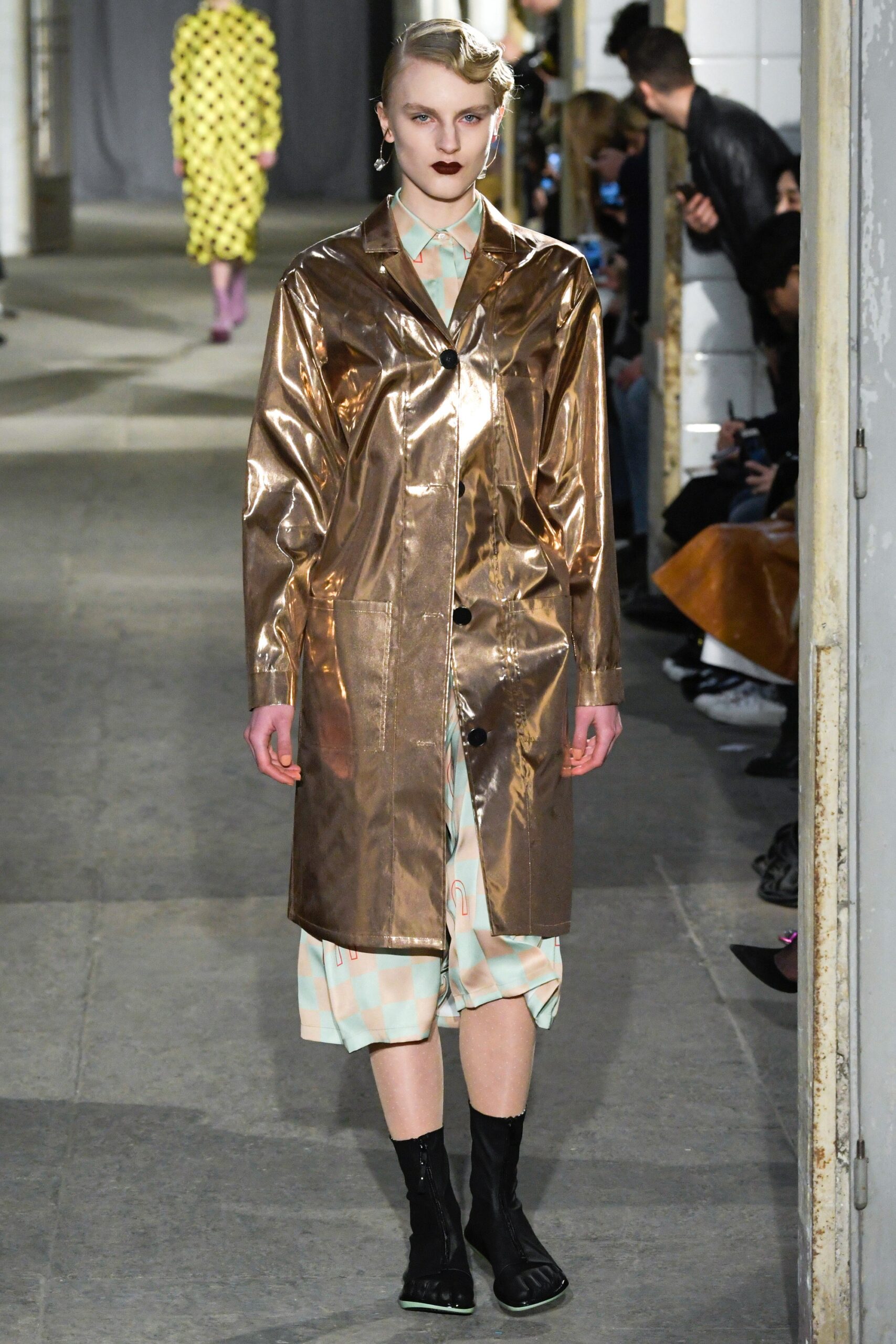 gold vinyl coat with printed dress
