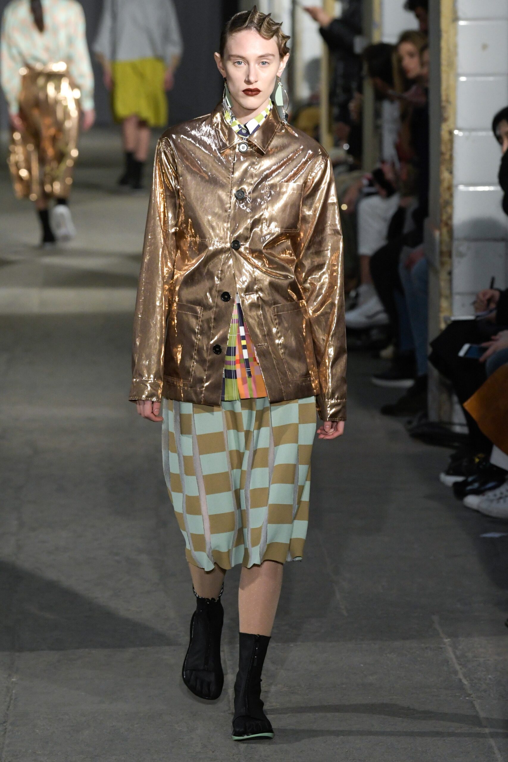 gold metallic long-sleeve collared relaxed buttoned shiny jacket