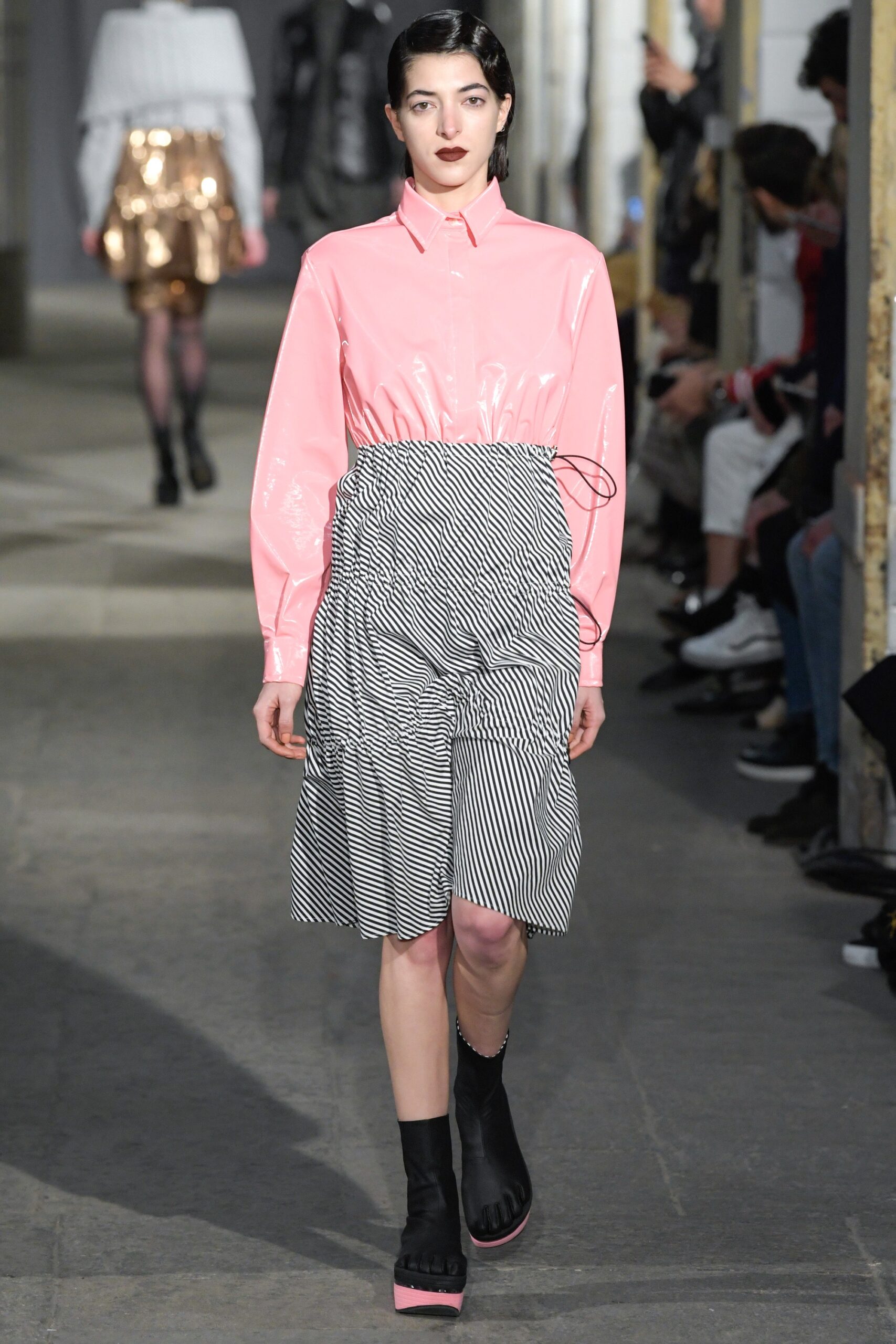 pink vinyl long-sleeve collared fitted zippered shiny shirt