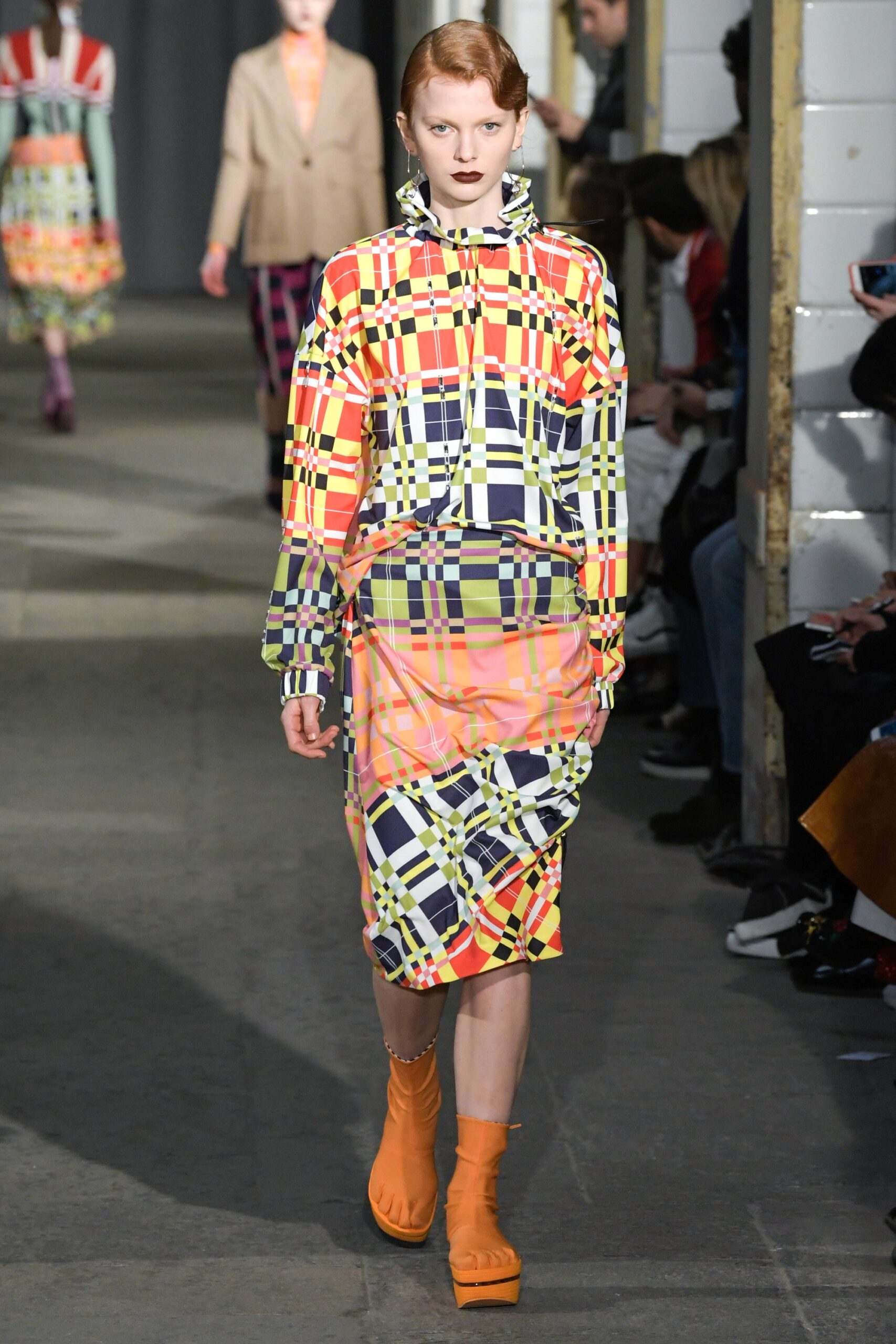 orange cotton long-sleeve collared relaxed checked midi dress