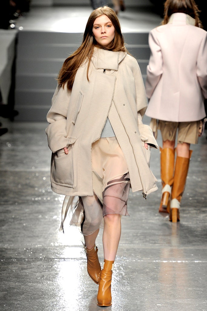 beige oversized coat with pink skirt