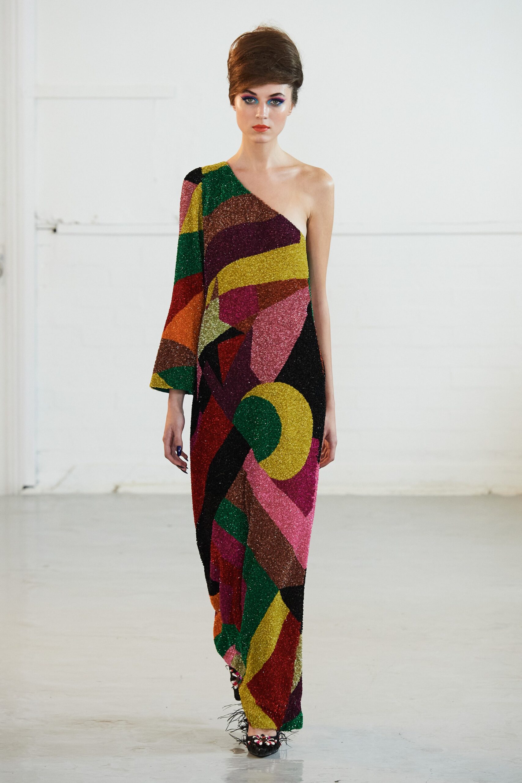multi-colored sequin asymmetric gown