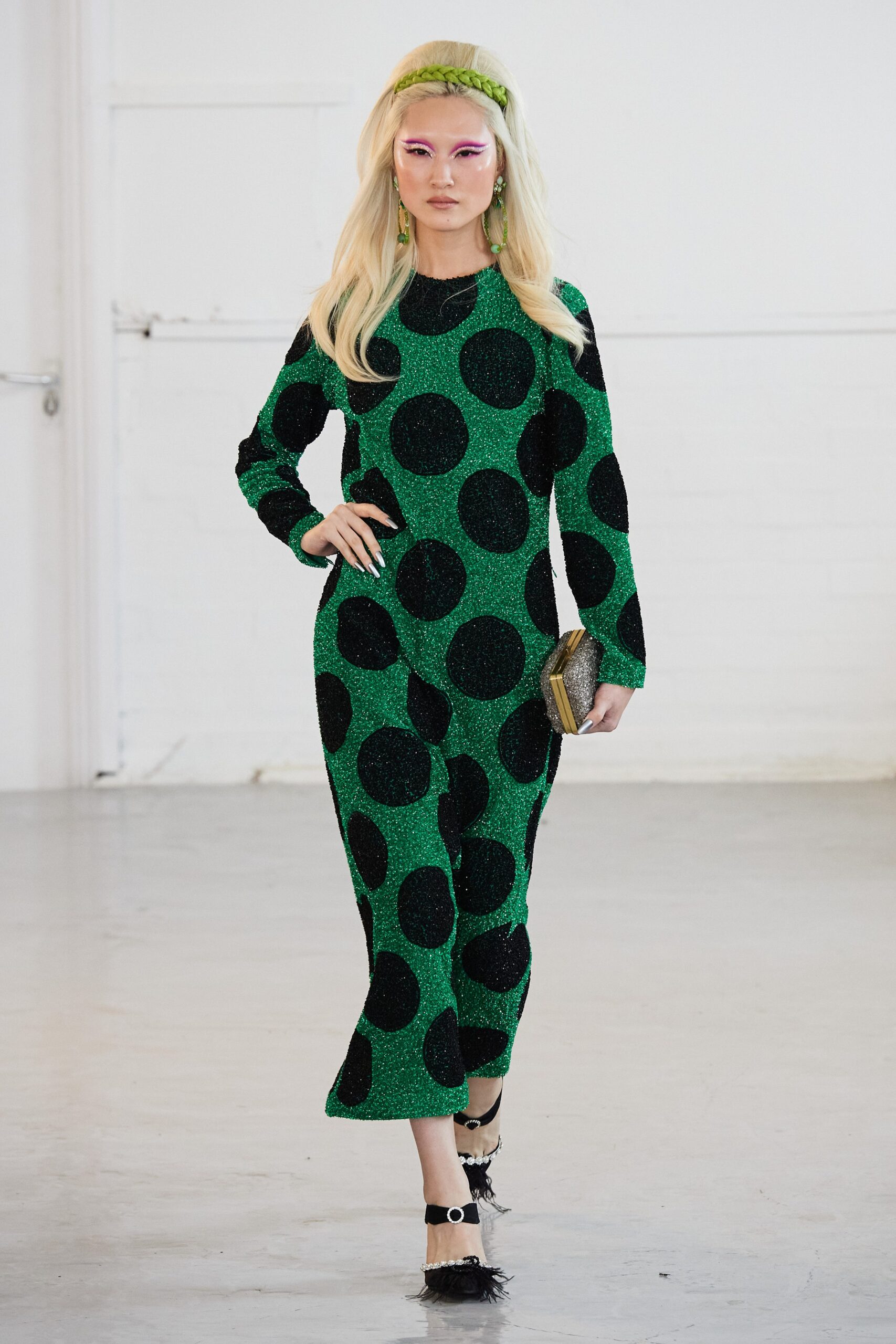 green metallic polka-dot dress