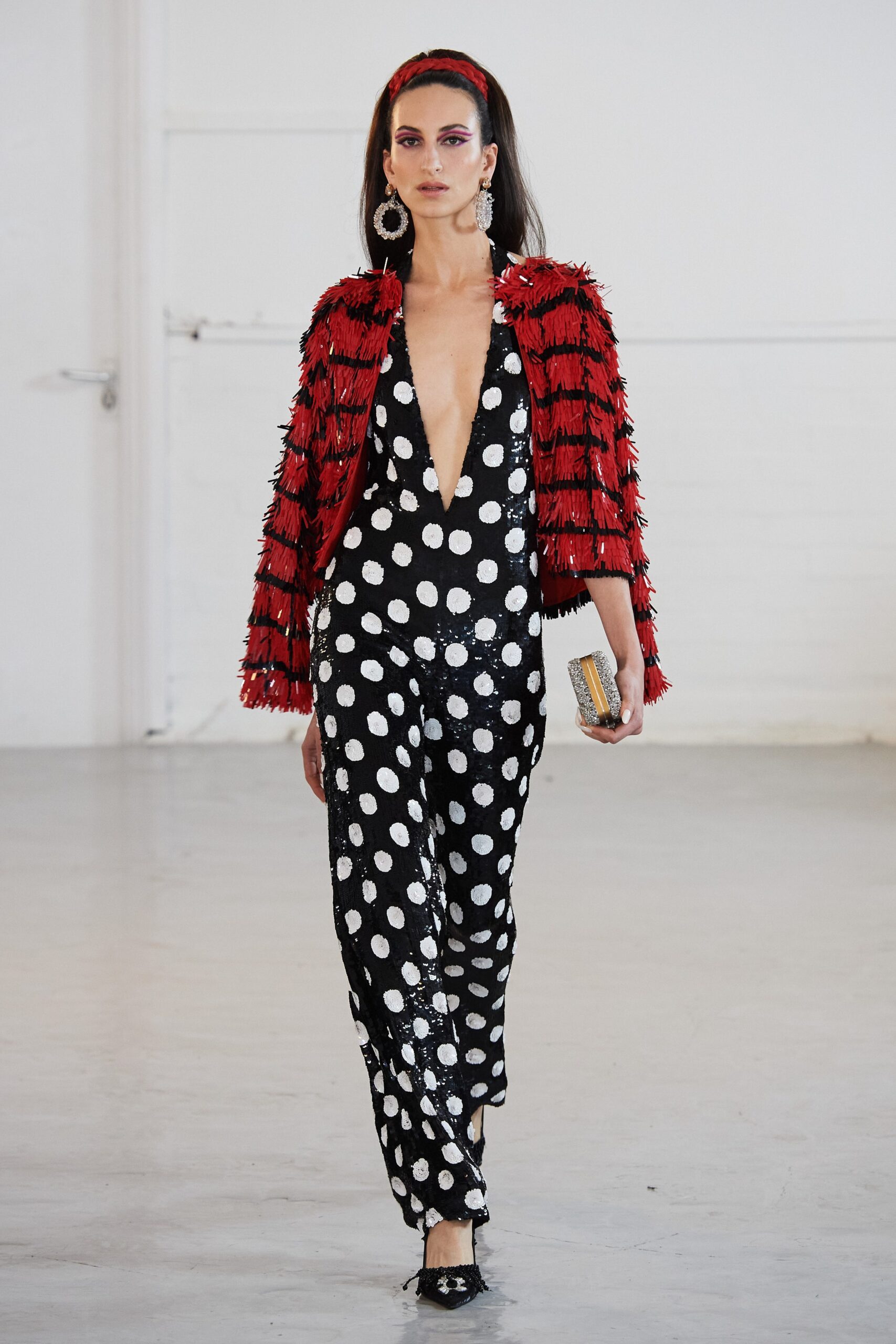 red long-sleeve oversized fringed jacket