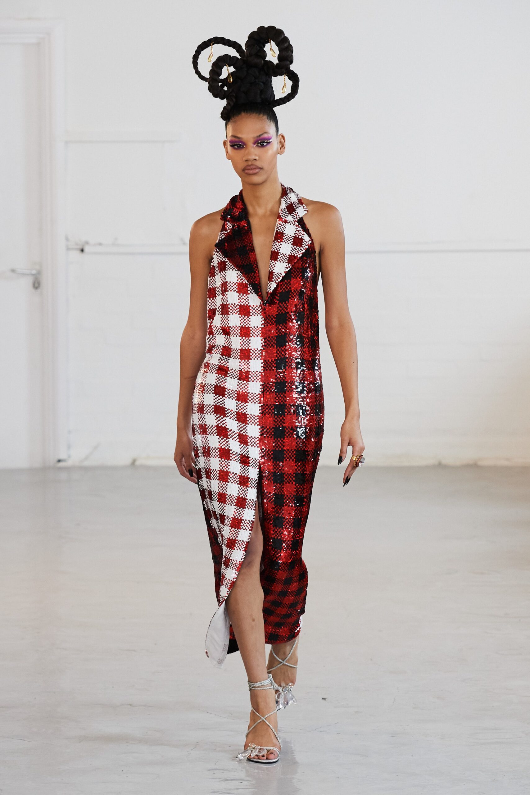 red and white checked midi dress