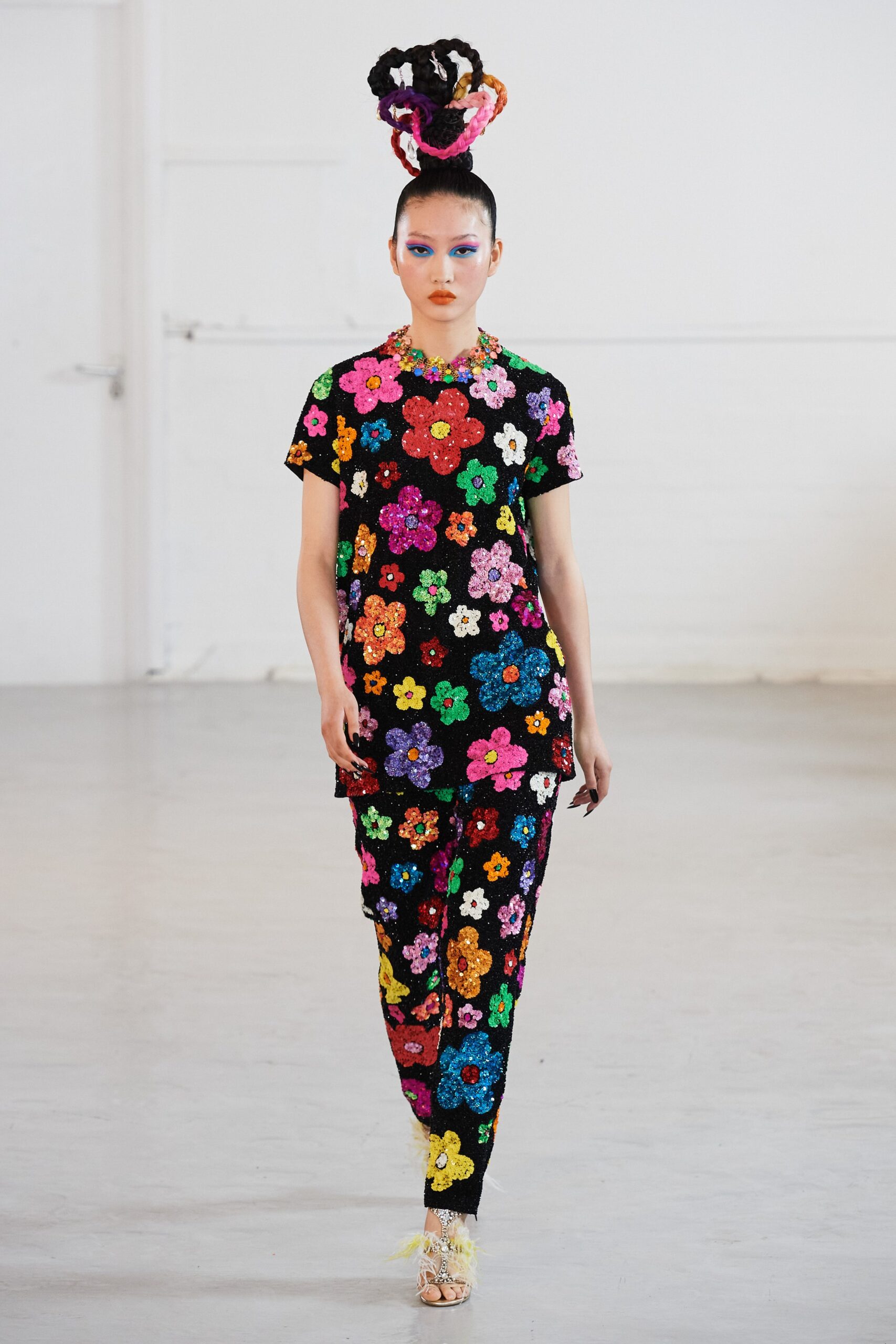 embroidered black floral top and pants