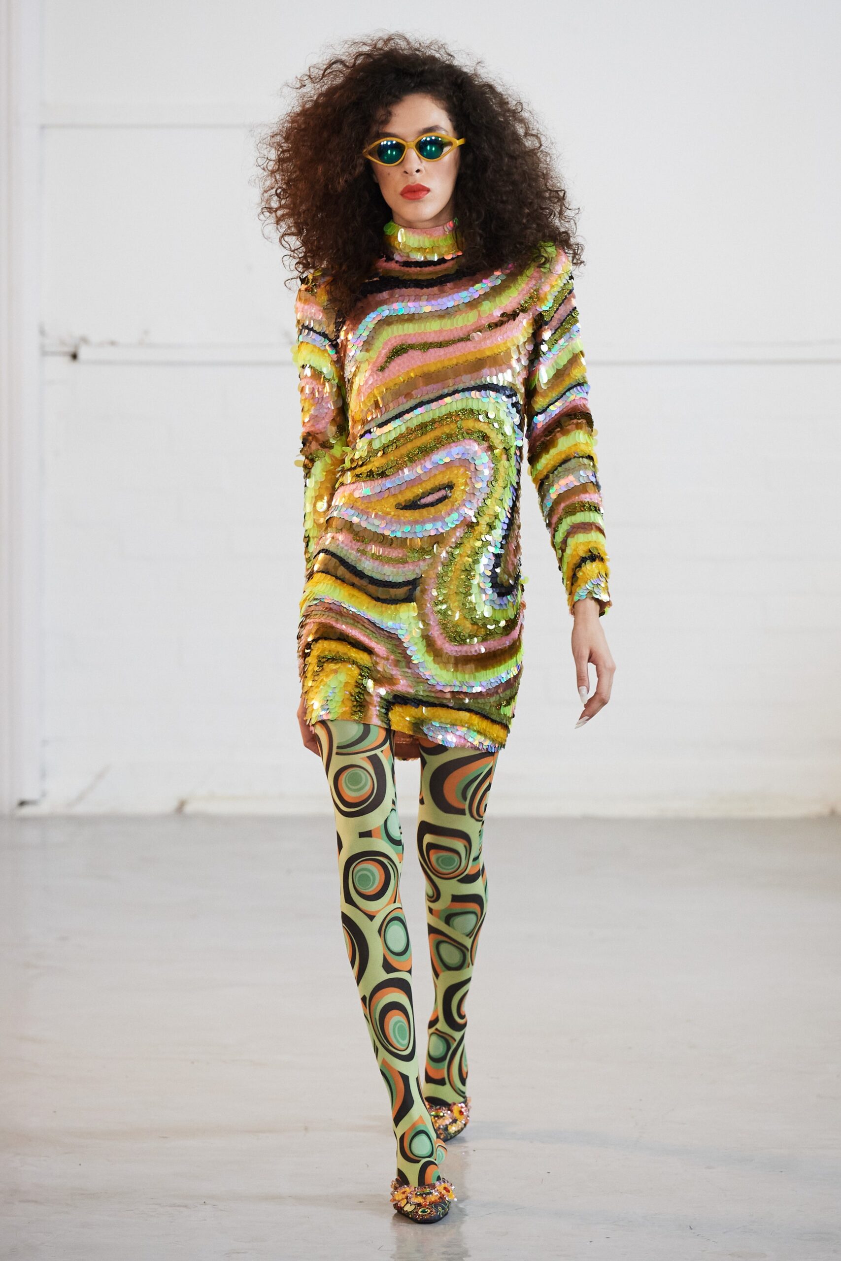 multi sequin long-sleeve high-neck fitted layered shiny dress