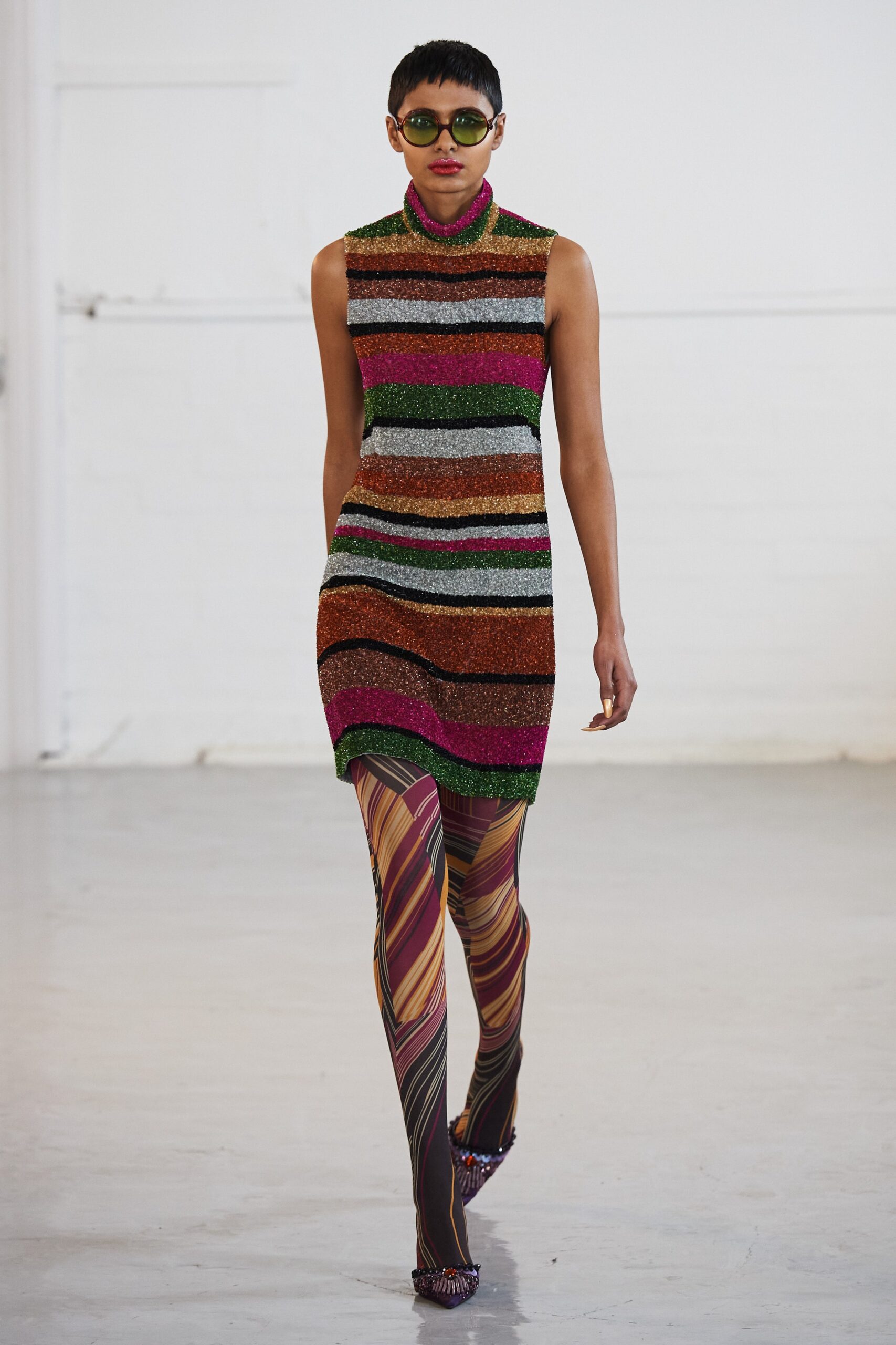 multi knit sleeveless high-neck fitted striped shiny dress