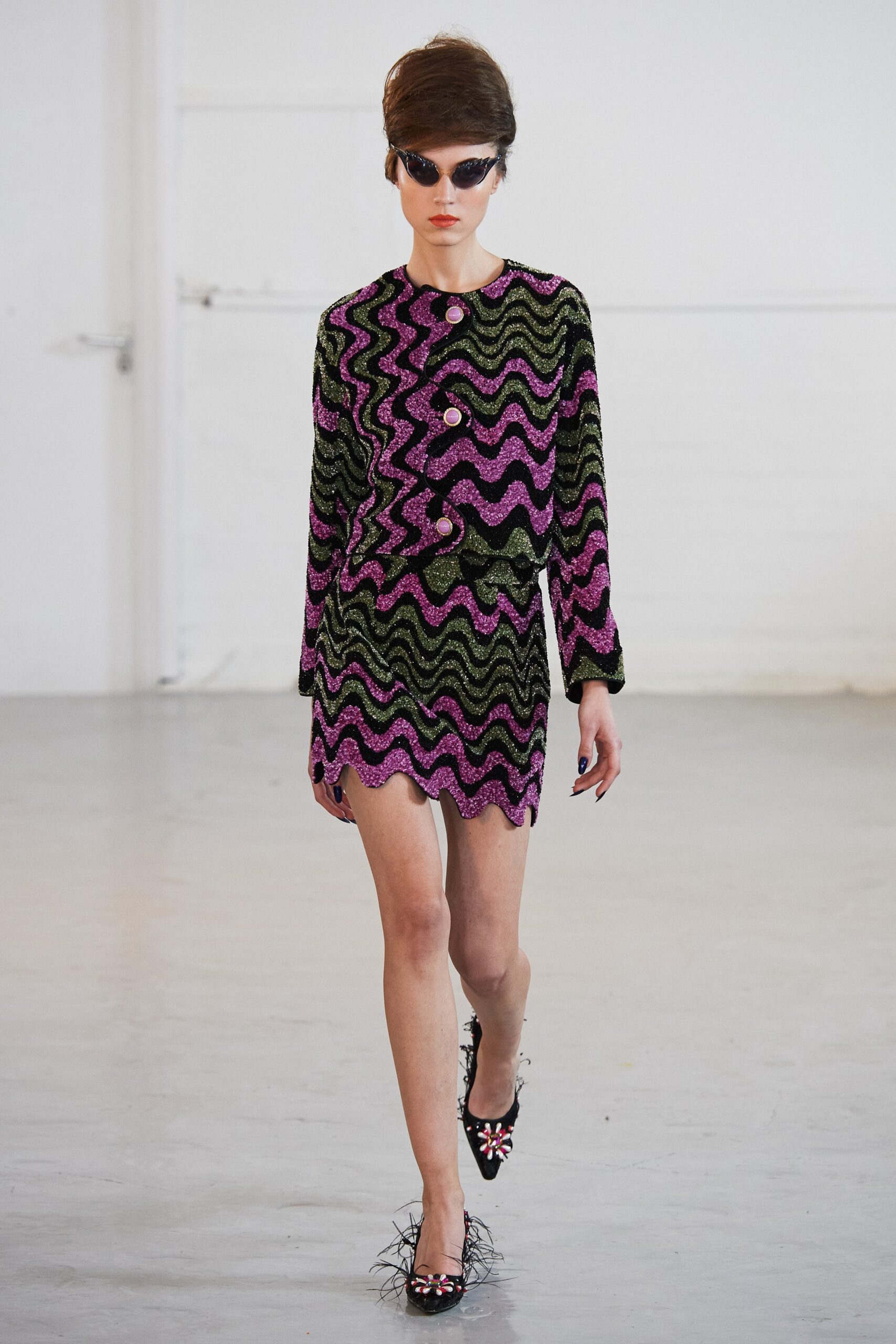 black silk long-sleeve high-neck fitted zigzag sequined dress