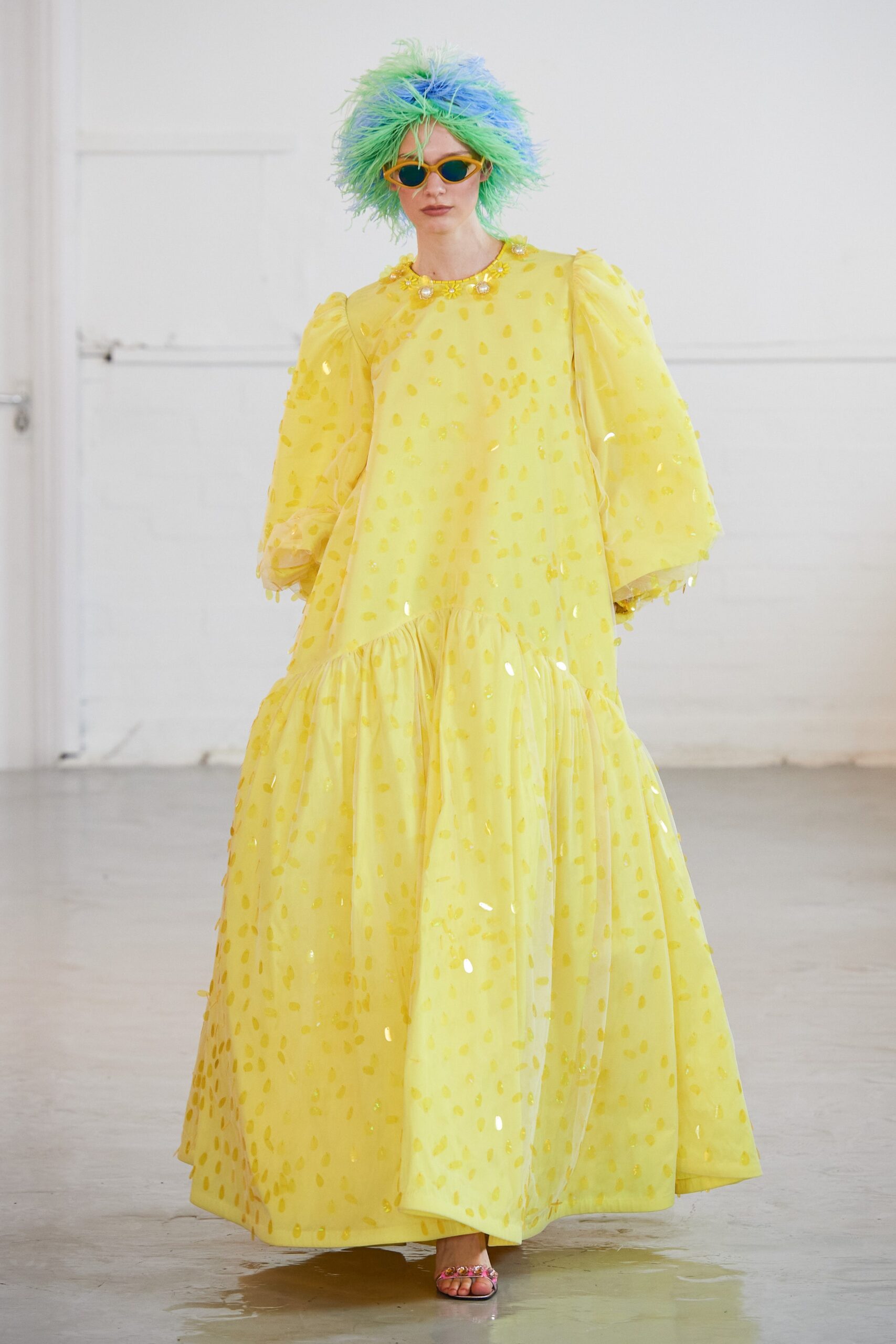 yellow tiered chiffon dress