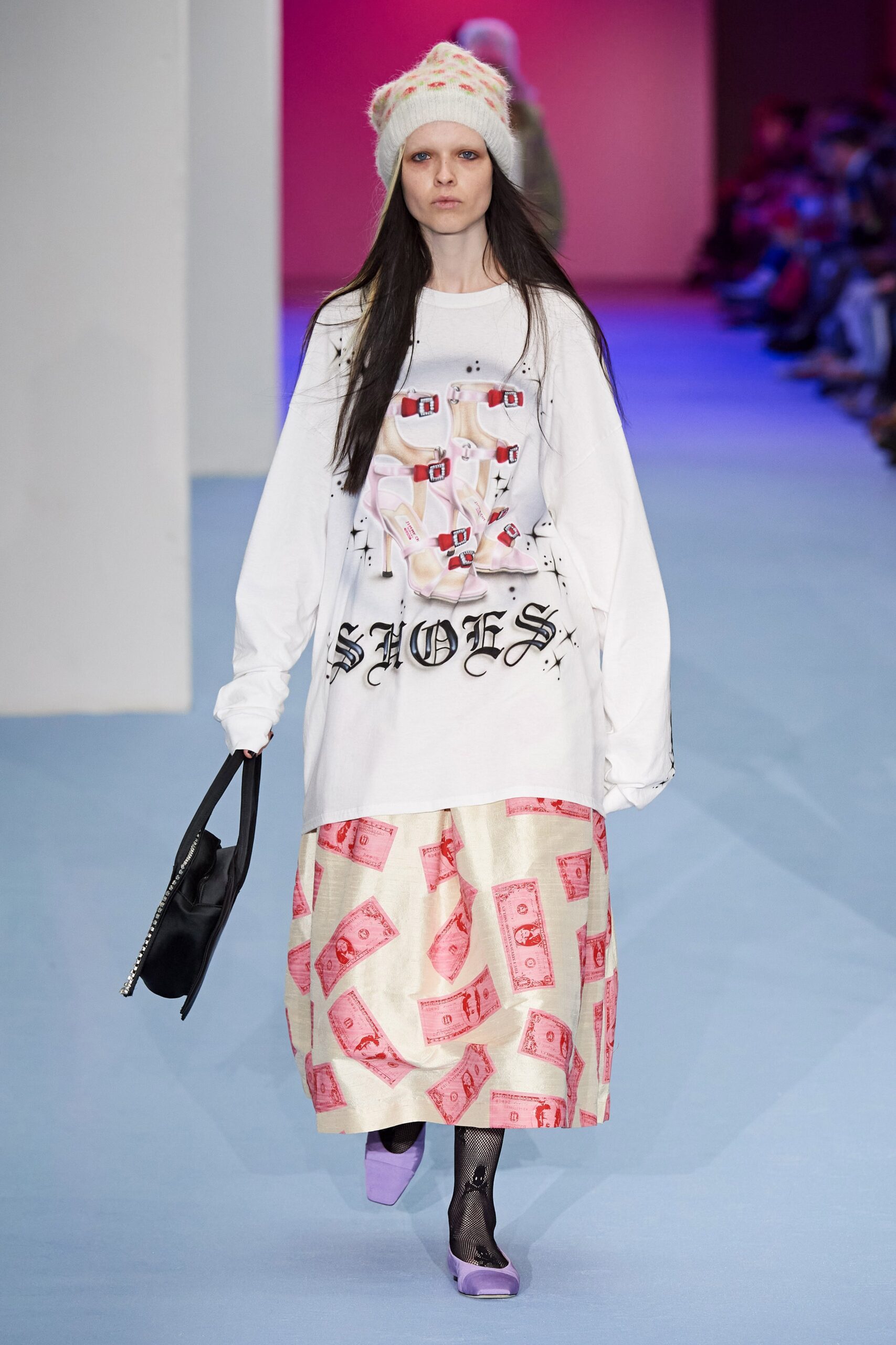 oversized white top with printed beige skirt