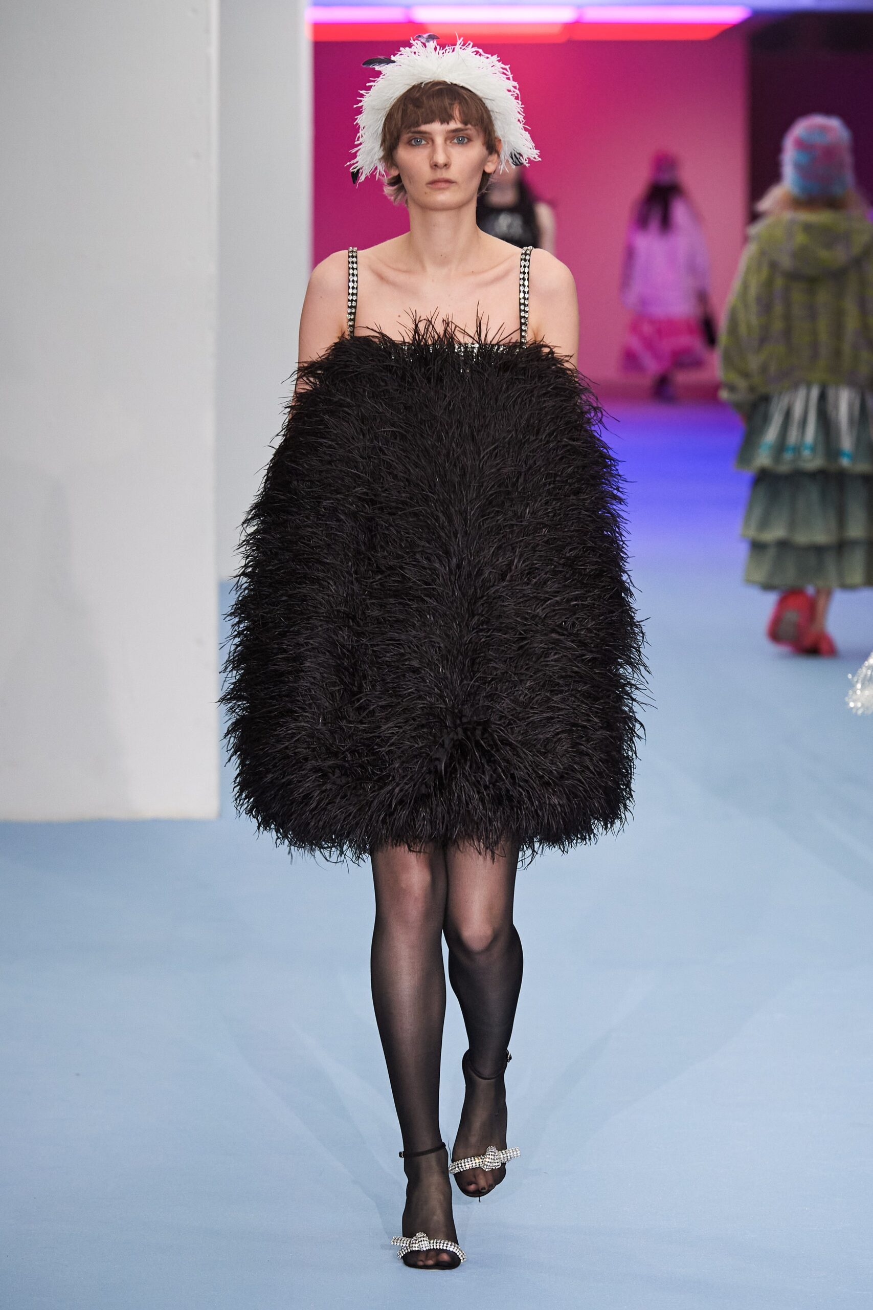 black fur sleeveless relaxed layered short dress