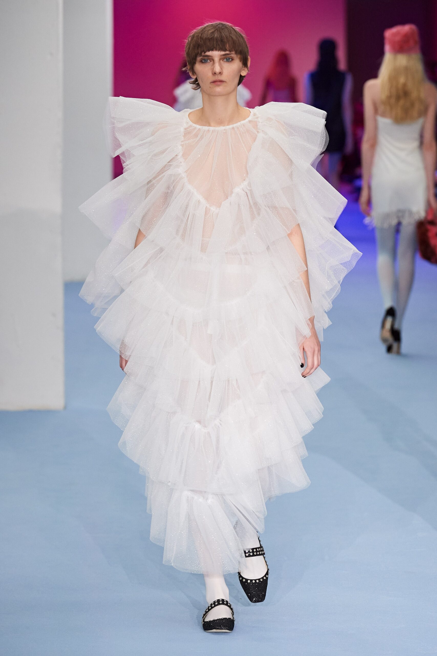 white tiered ruffled dress
