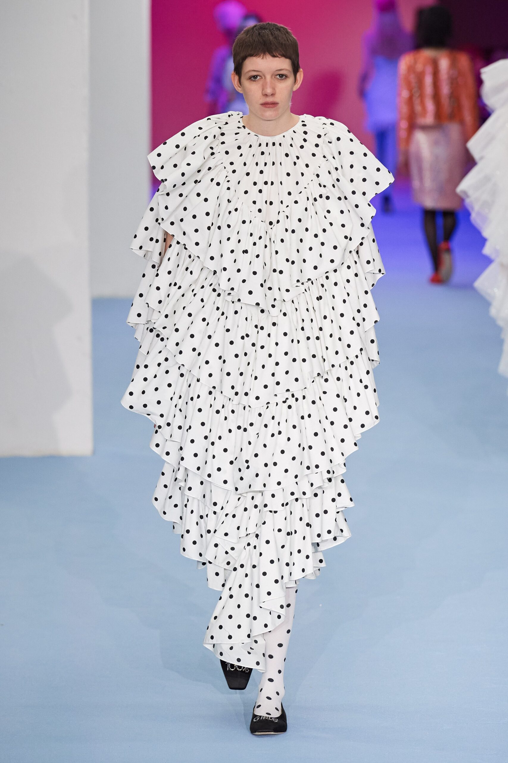 white polka-dot ruffled dress