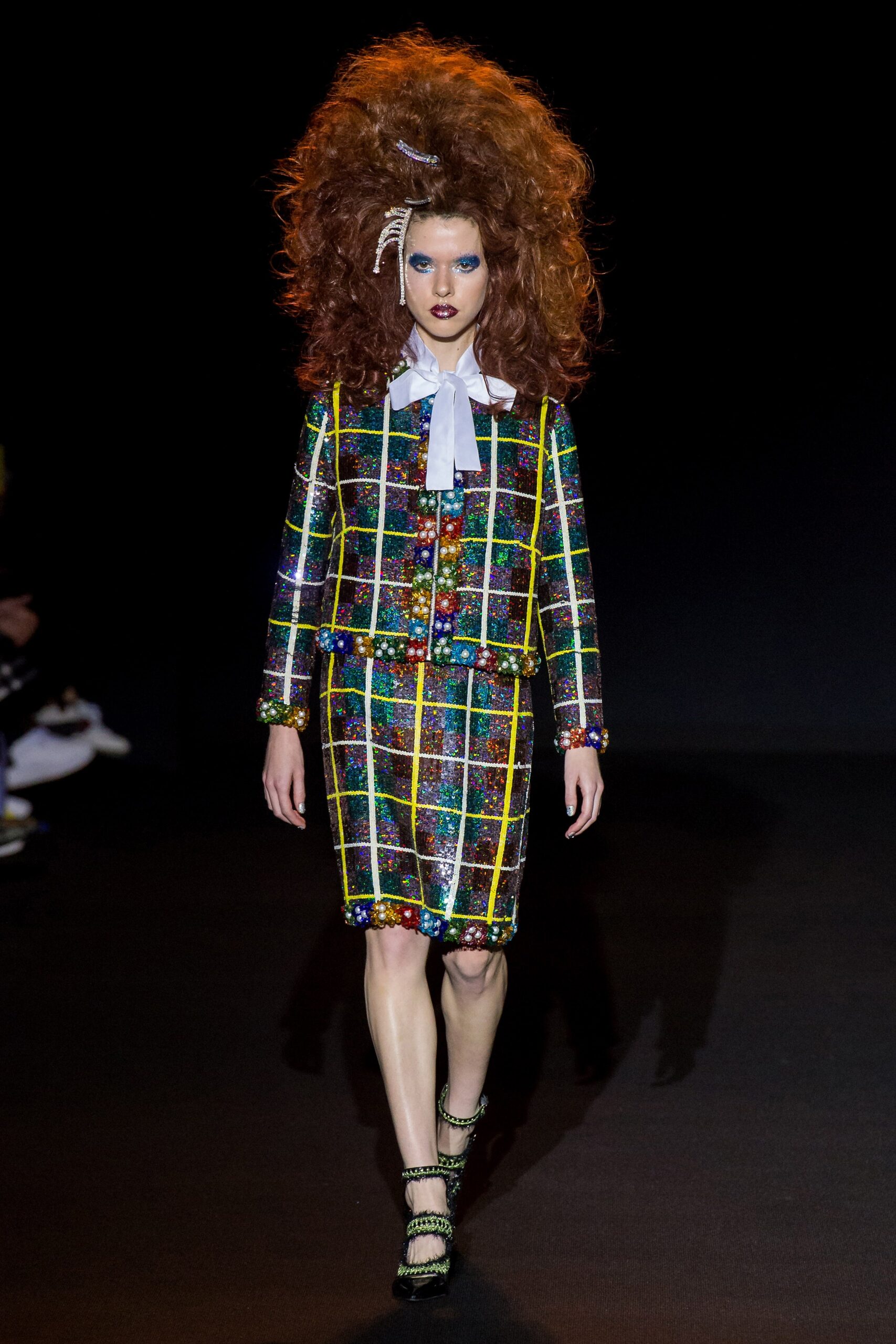 multi silk long-sleeve collared fitted checked buttoned dress