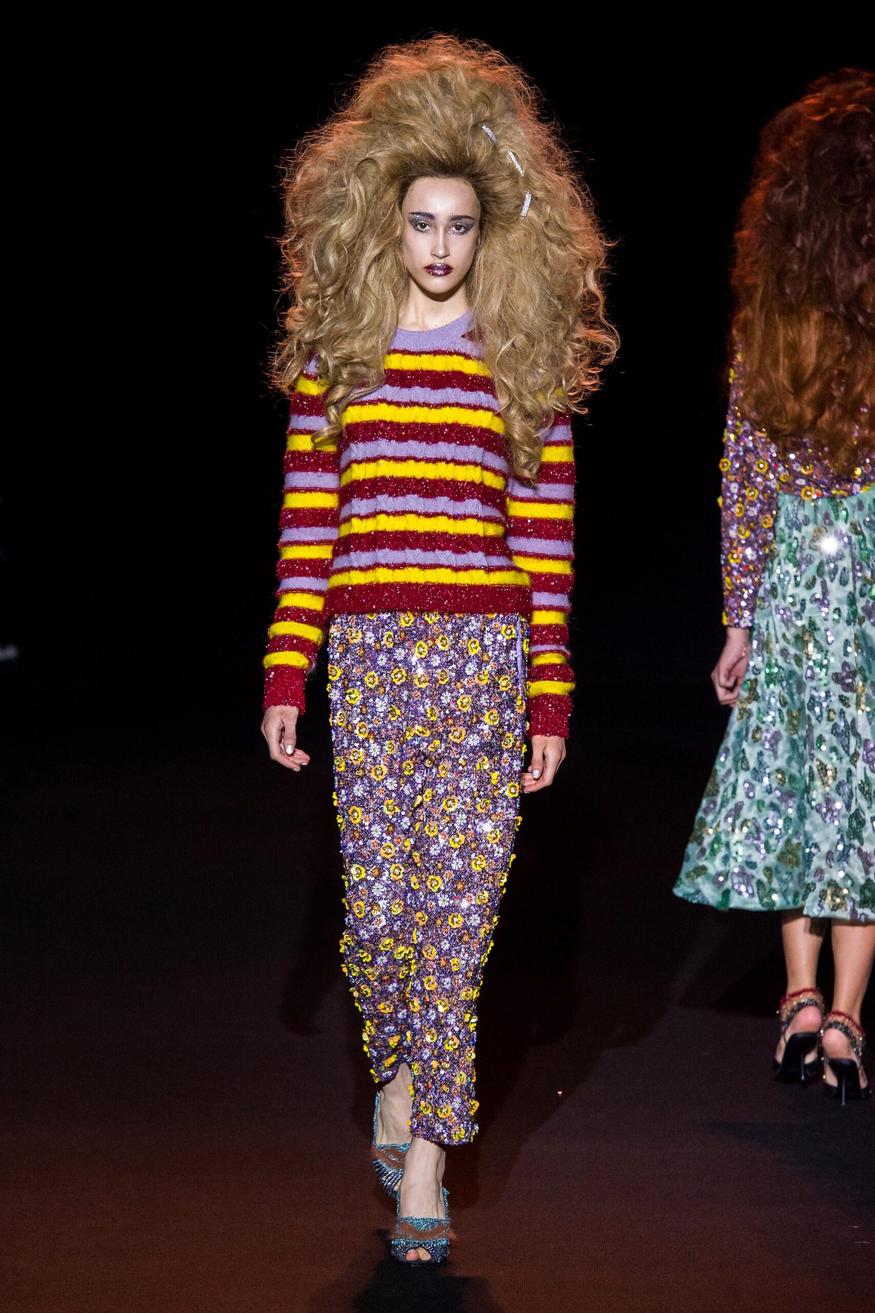 striped wool sweater and flared pants