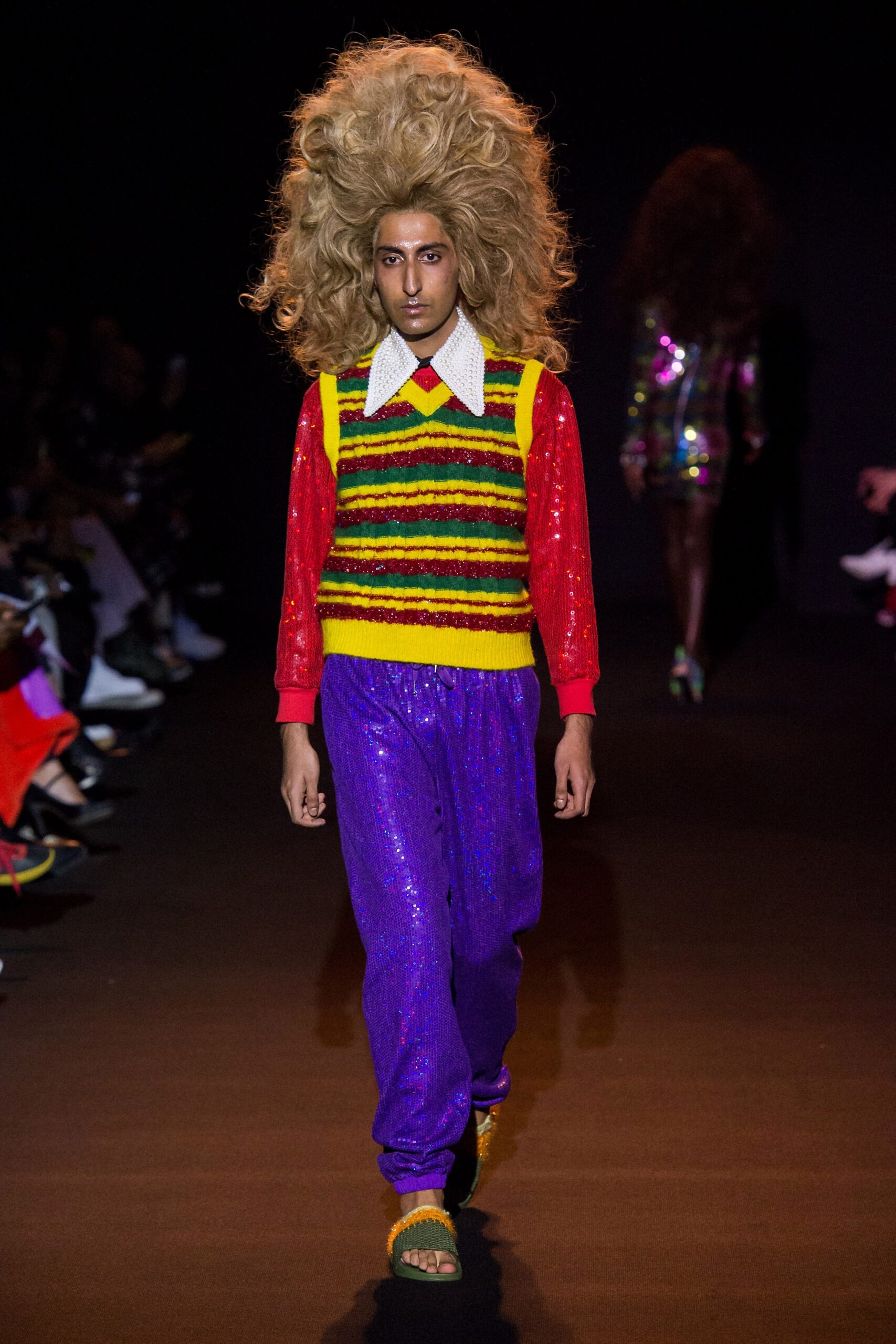 colorful sequined sweater and pants