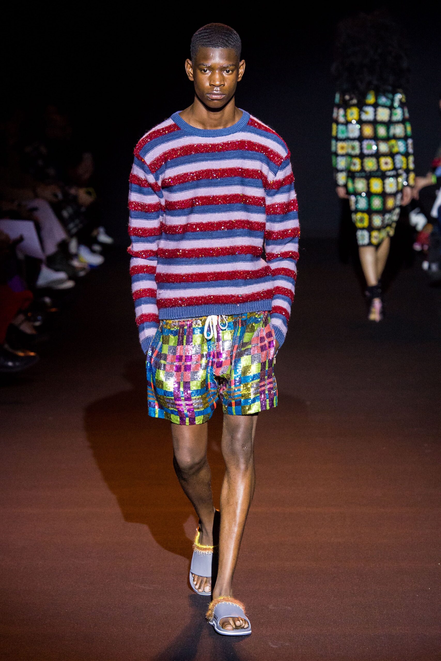striped wool sweater and printed shorts