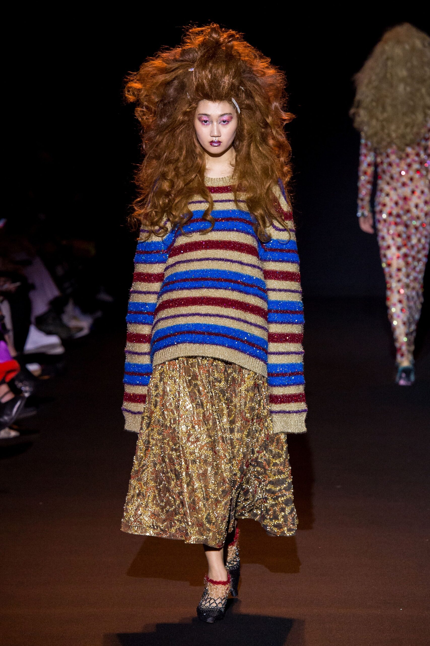 red wool long-sleeve collared oversized striped embellished sweater