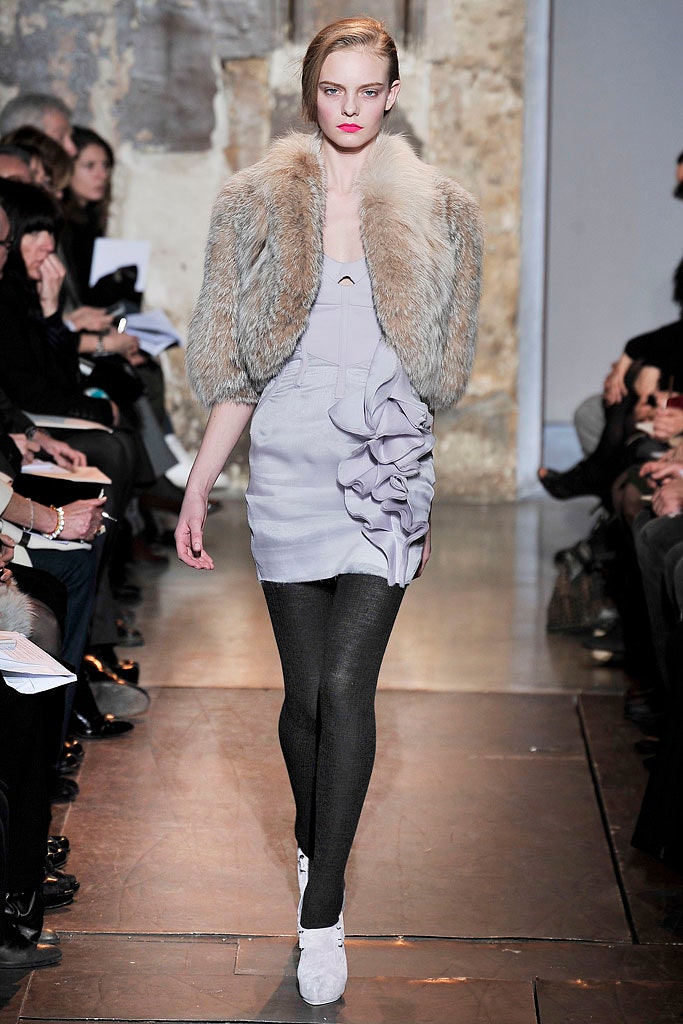 gray silk mini dress with fur coat