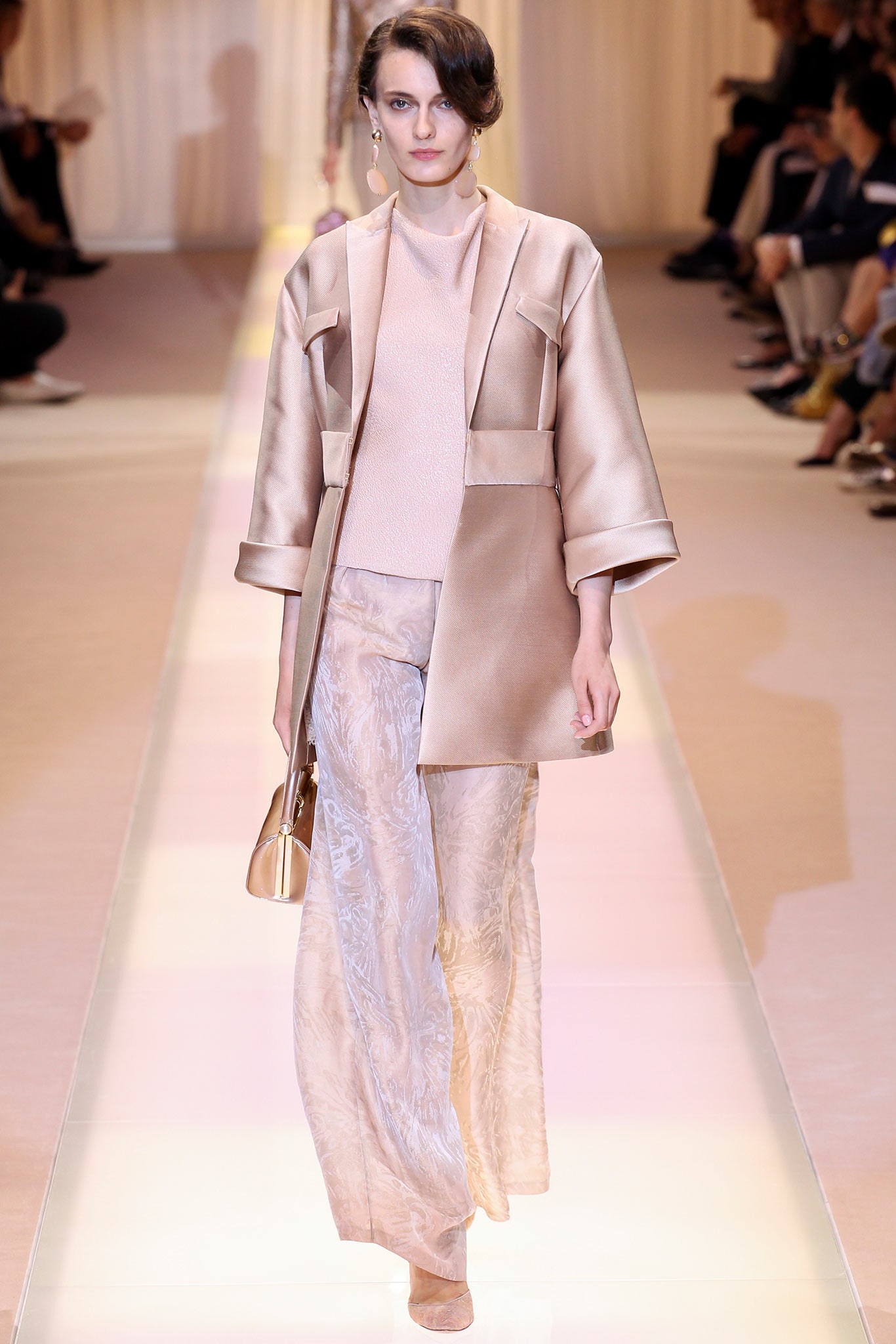 beige silk fitted flared flowing pants
