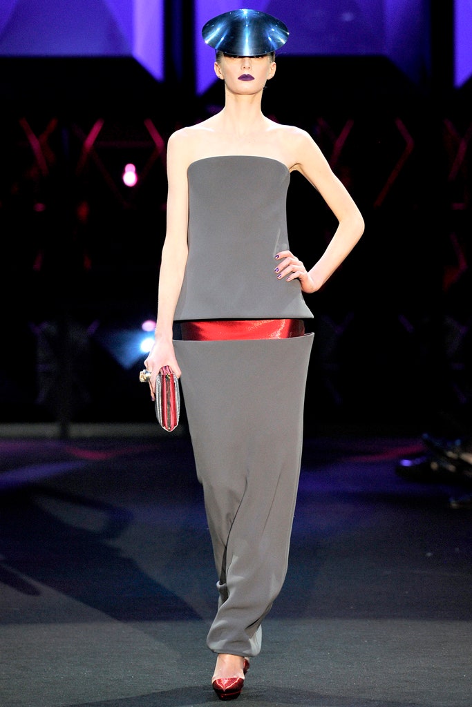 gray silk strapless fitted draped maxi gown
