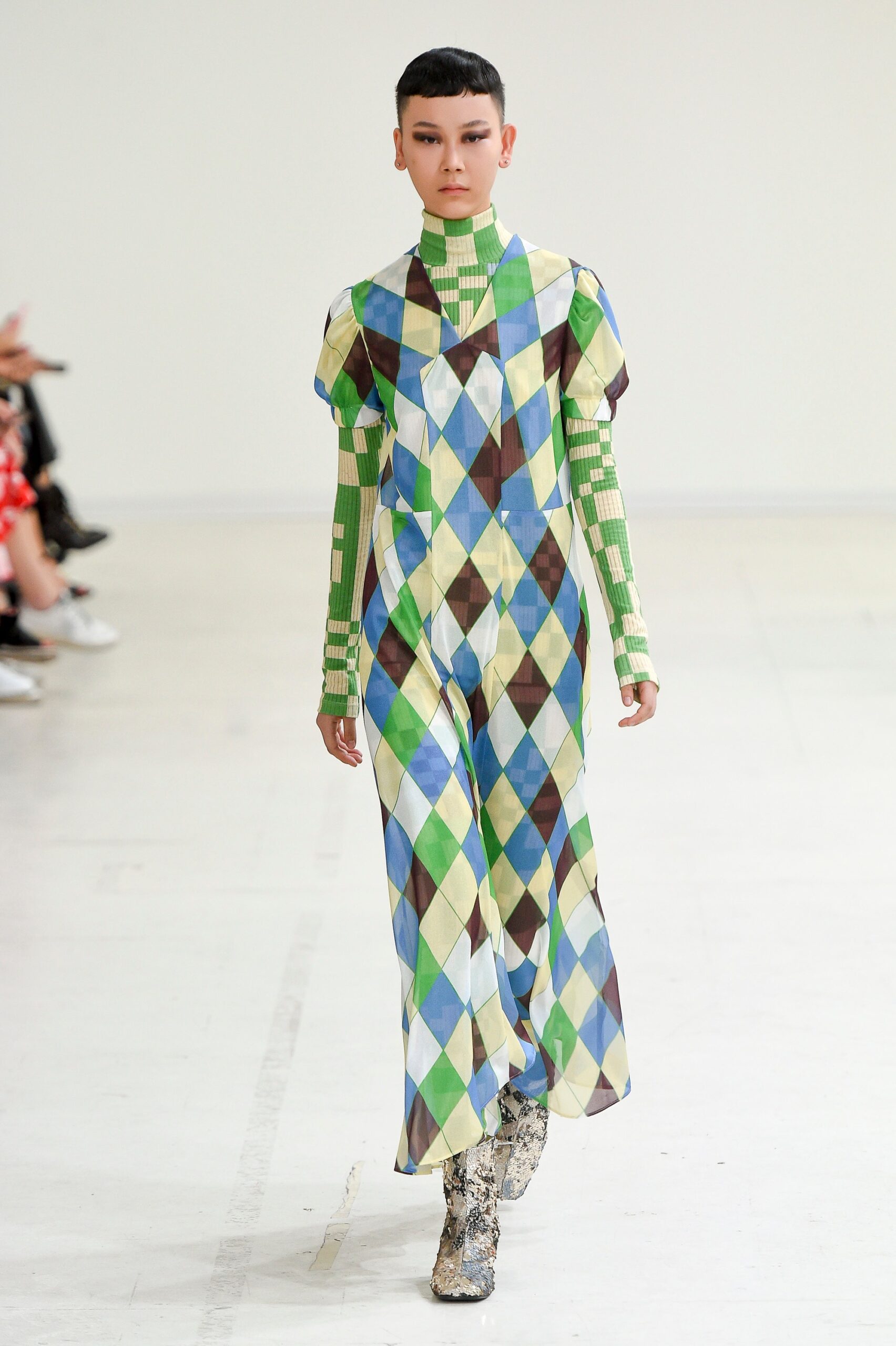 green long-sleeve high-neck fitted printed a-line maxi dress