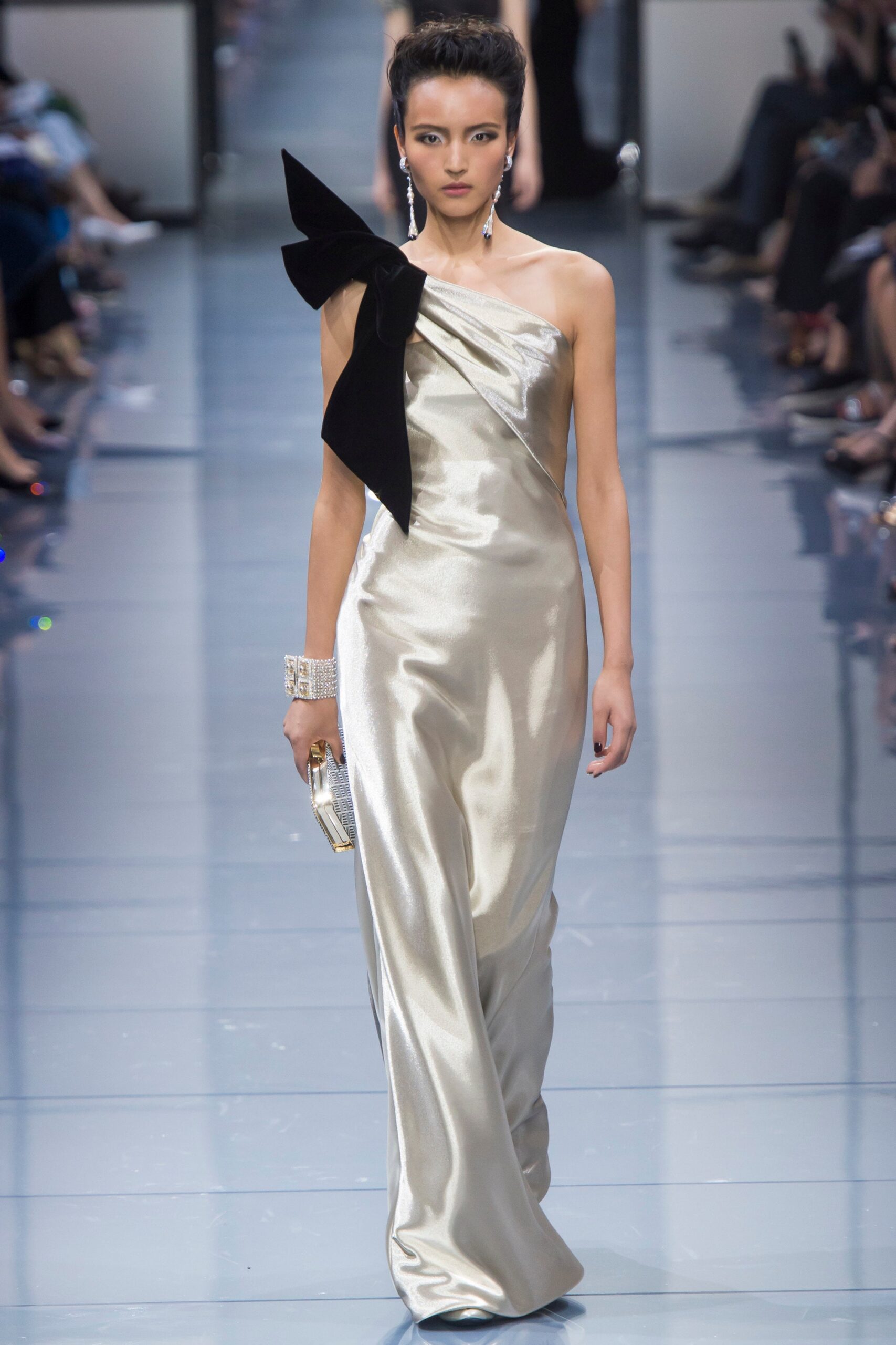 silver satin off-shoulder gown