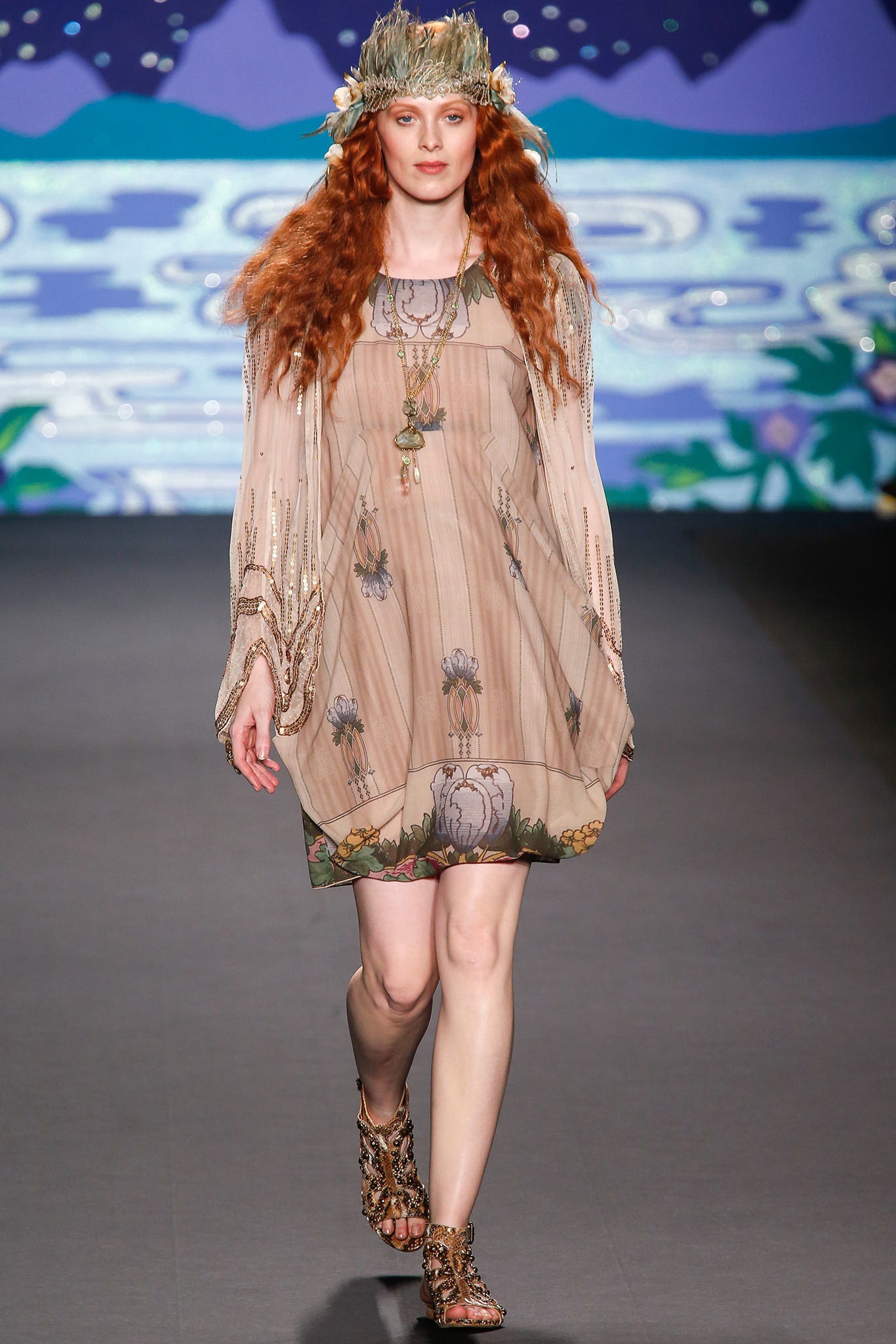beige chiffon long-sleeve relaxed embroidered sheer cape