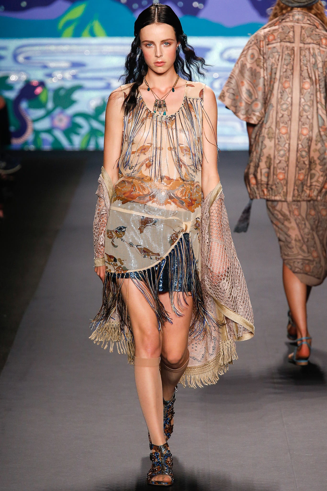 beige silk sleeveless v-neck fitted fringed layered dress