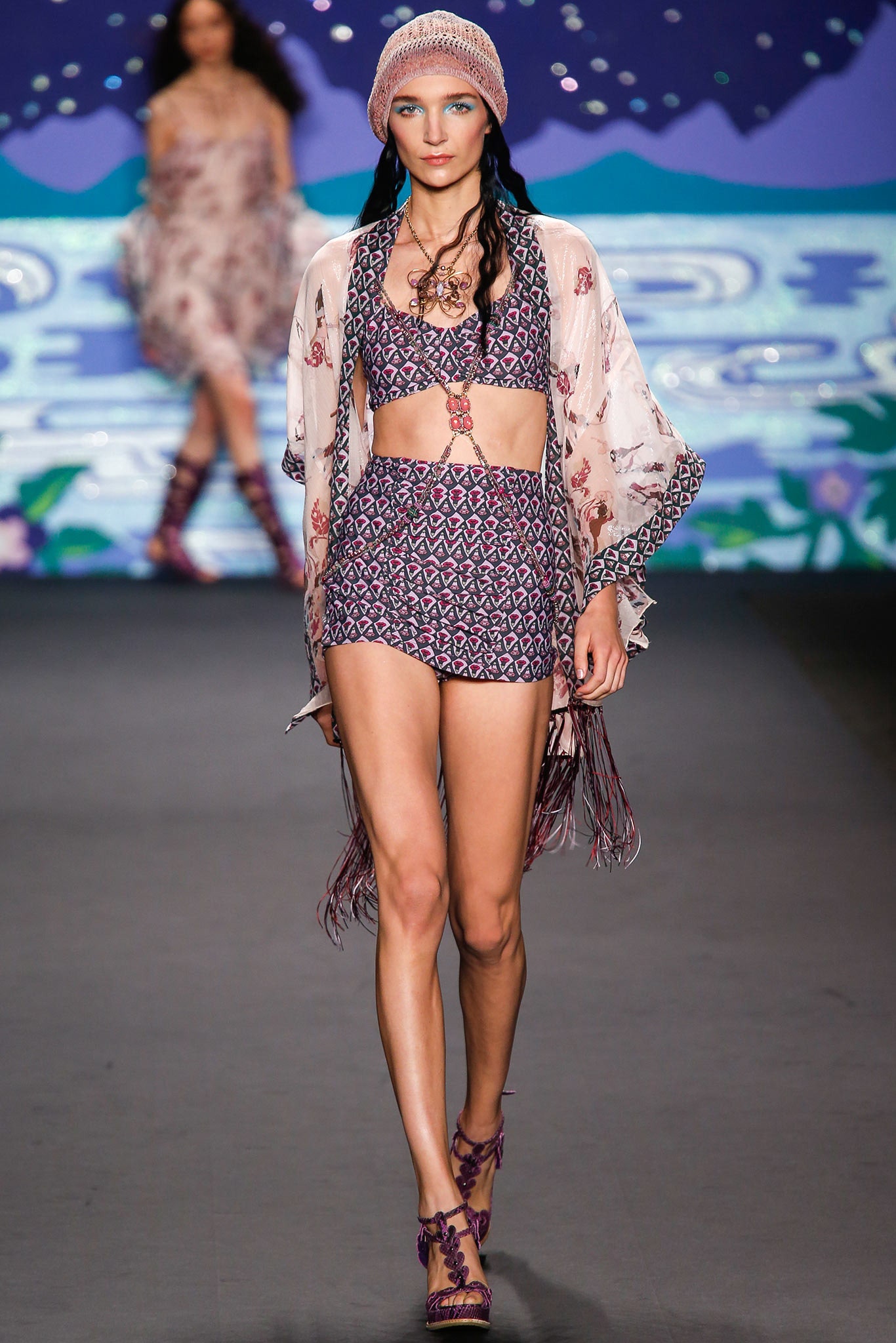 purple pink printed bikini with kimono