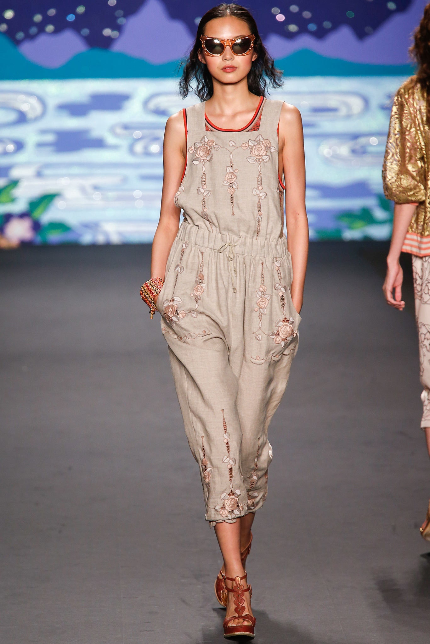 beige cotton sleeveless collared relaxed embroidered pockets jumpsuit