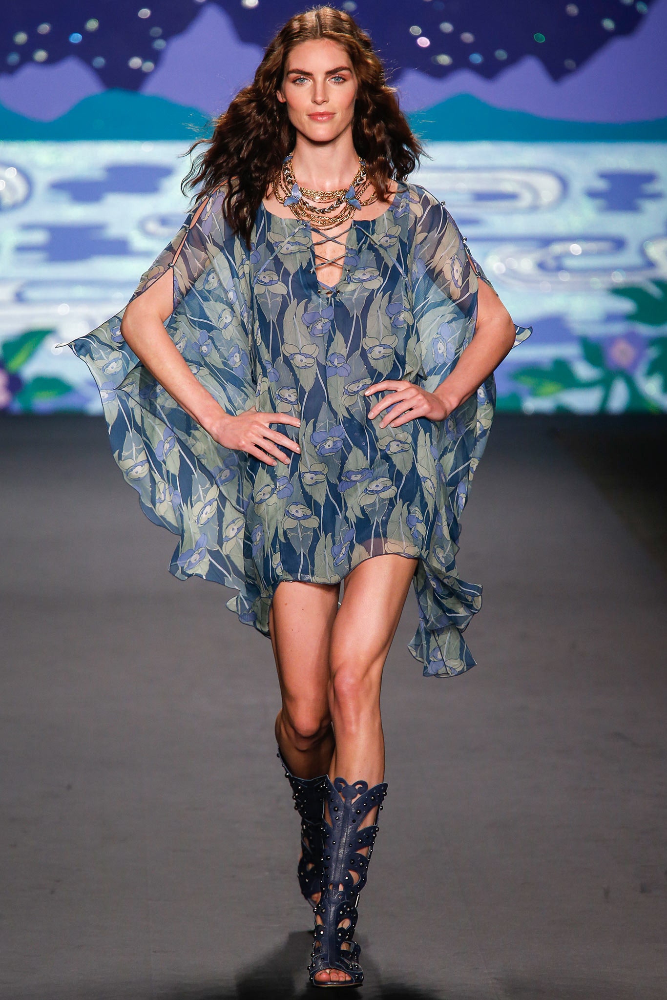 blue chiffon sleeveless v-neck relaxed flared printed dress