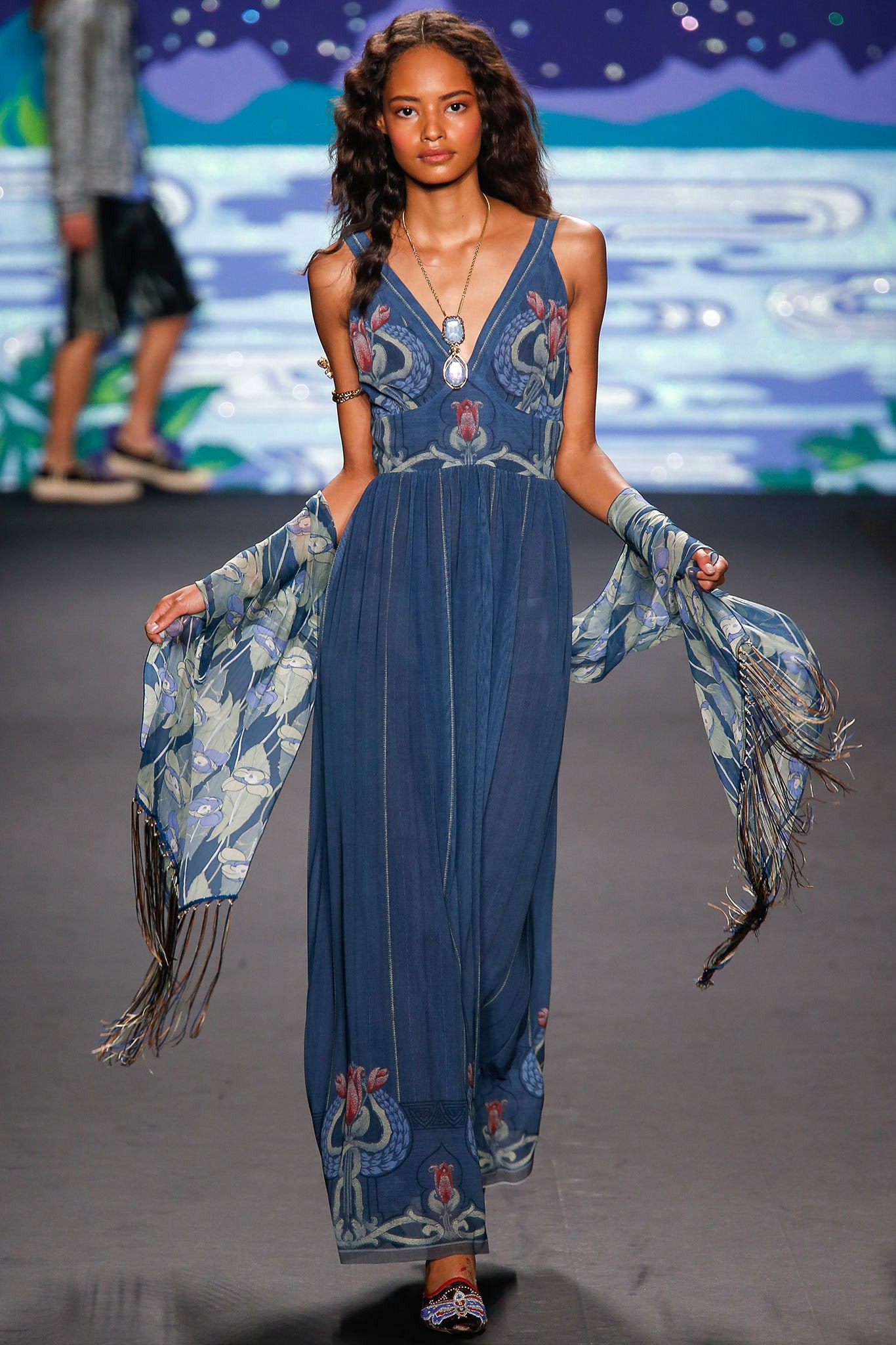 blue cotton sleeveless v-neck relaxed flared printed dress