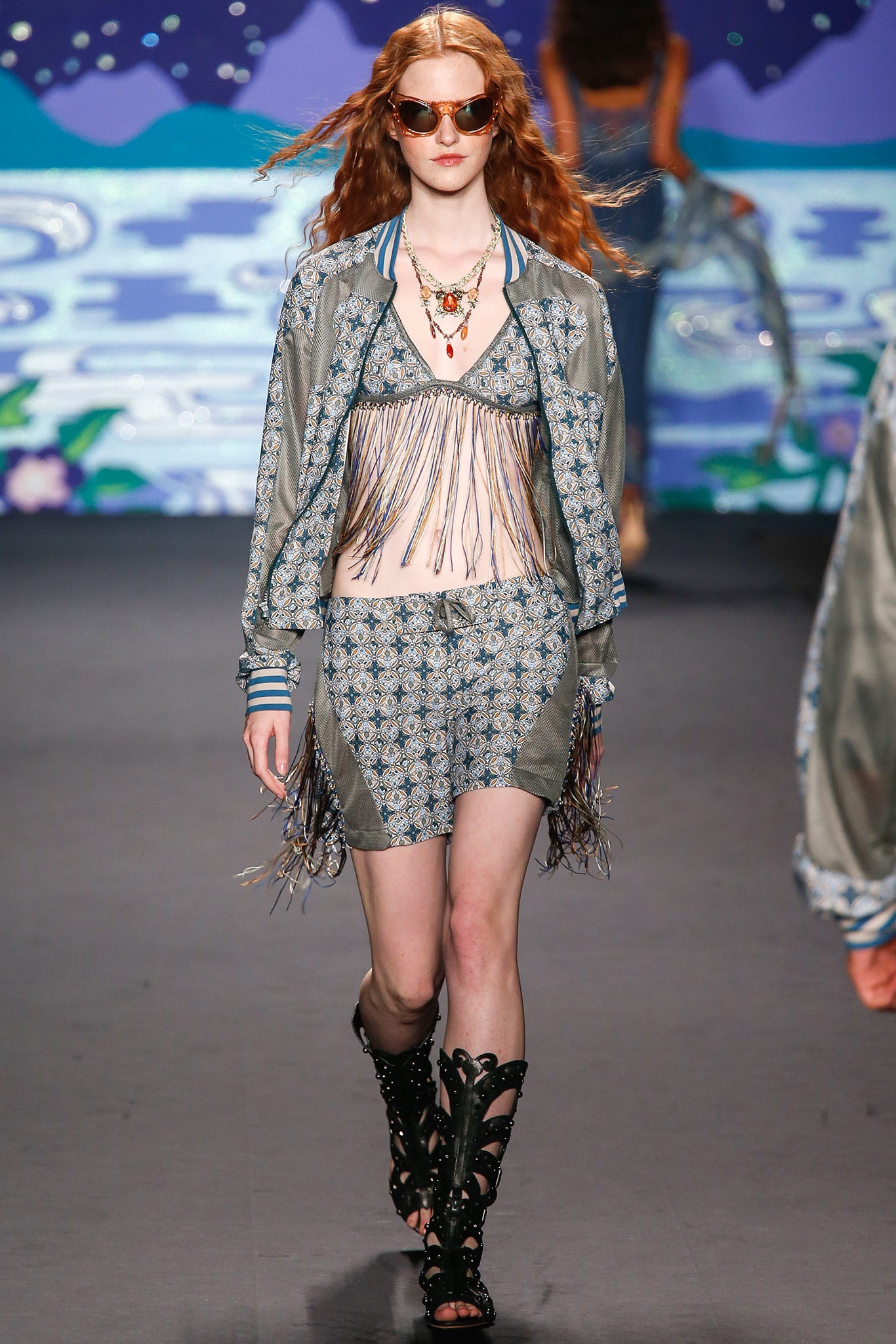 gray silk long-sleeve collared relaxed zippered fringed jacket
