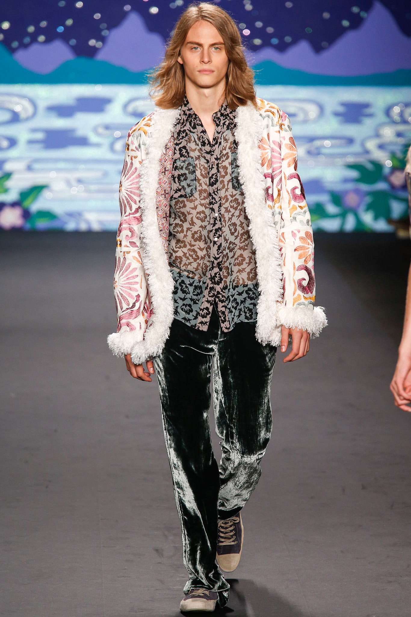 multi velvet long-sleeve collared relaxed fringed jacket
