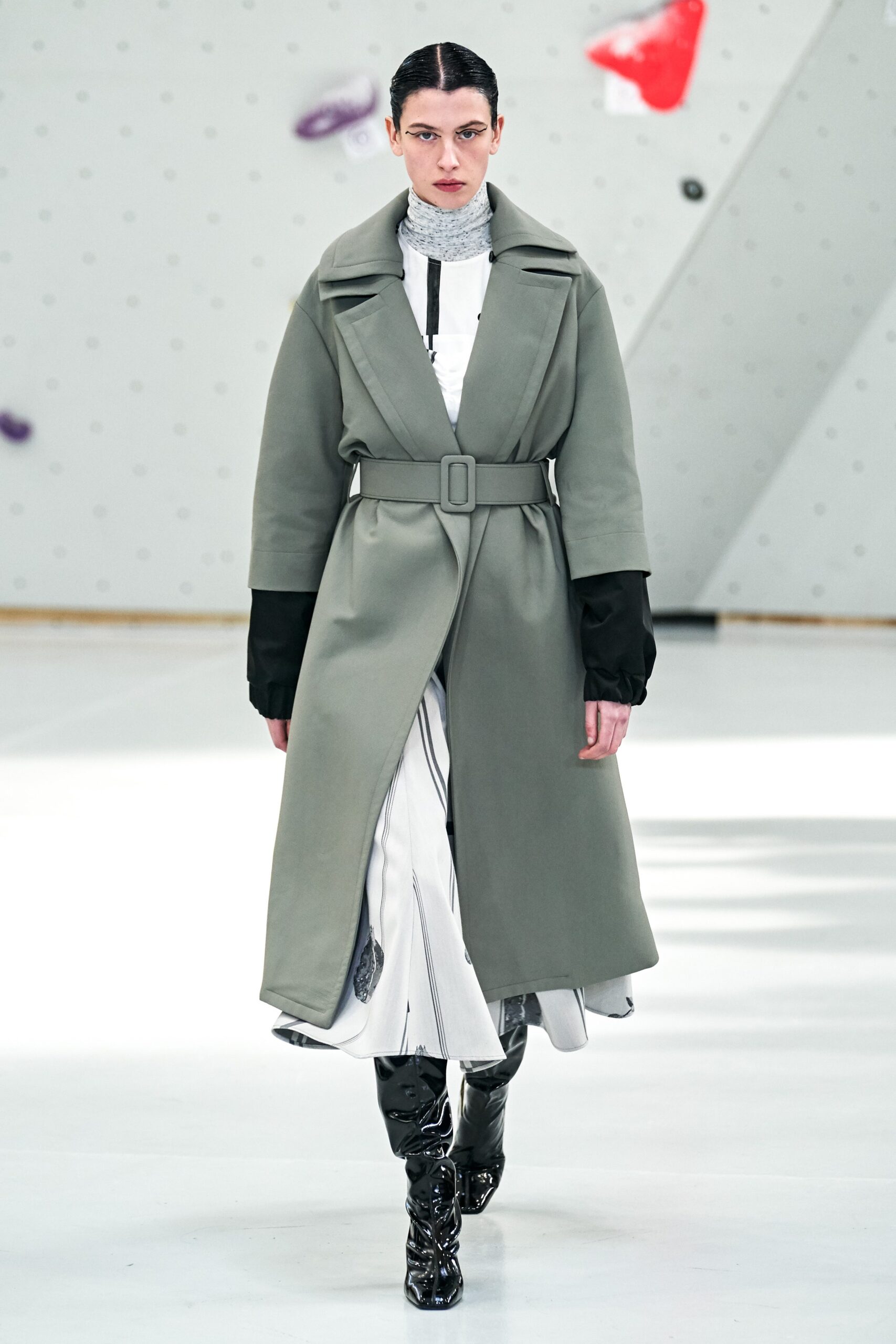 green wool coat with white dress