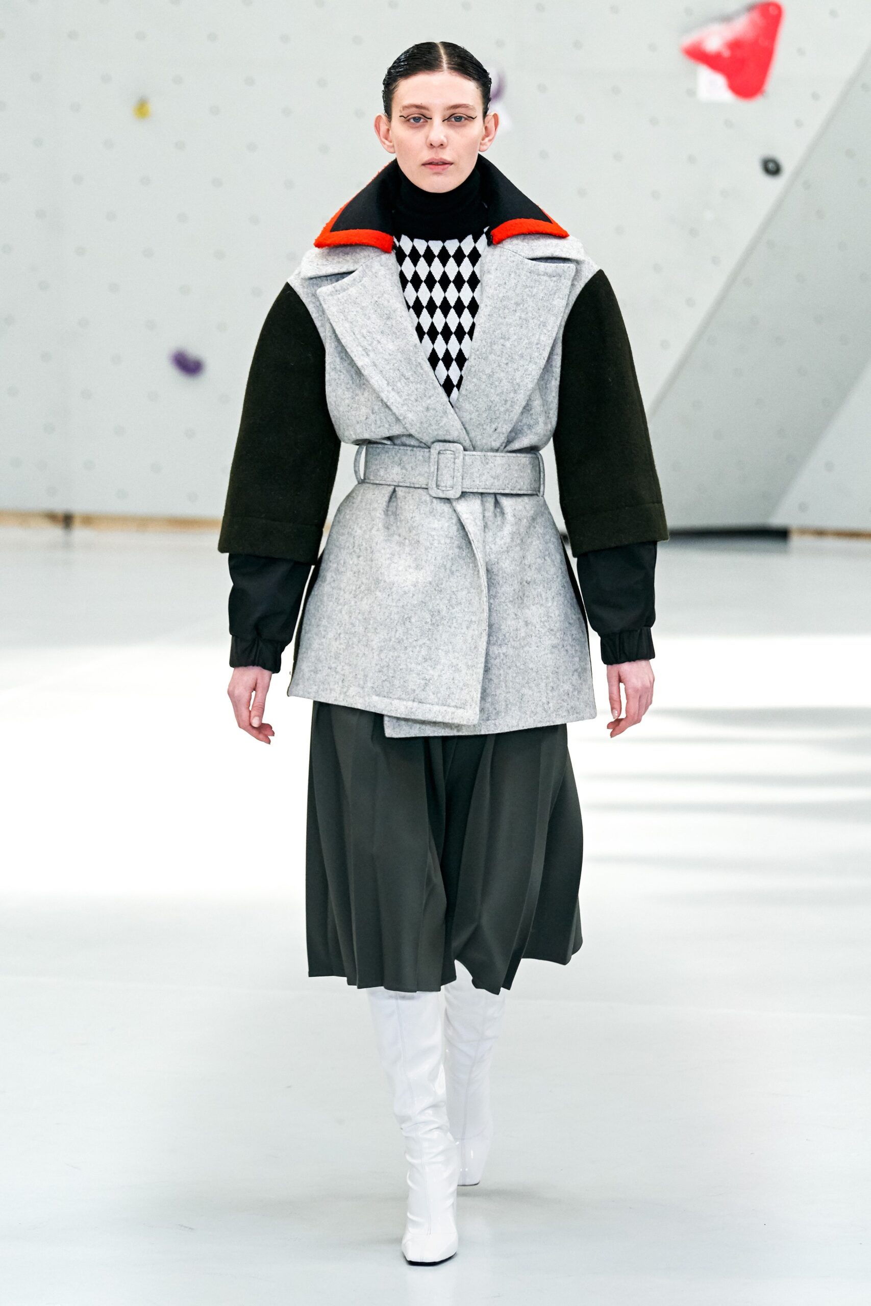 gray wool belted coat with checkered top