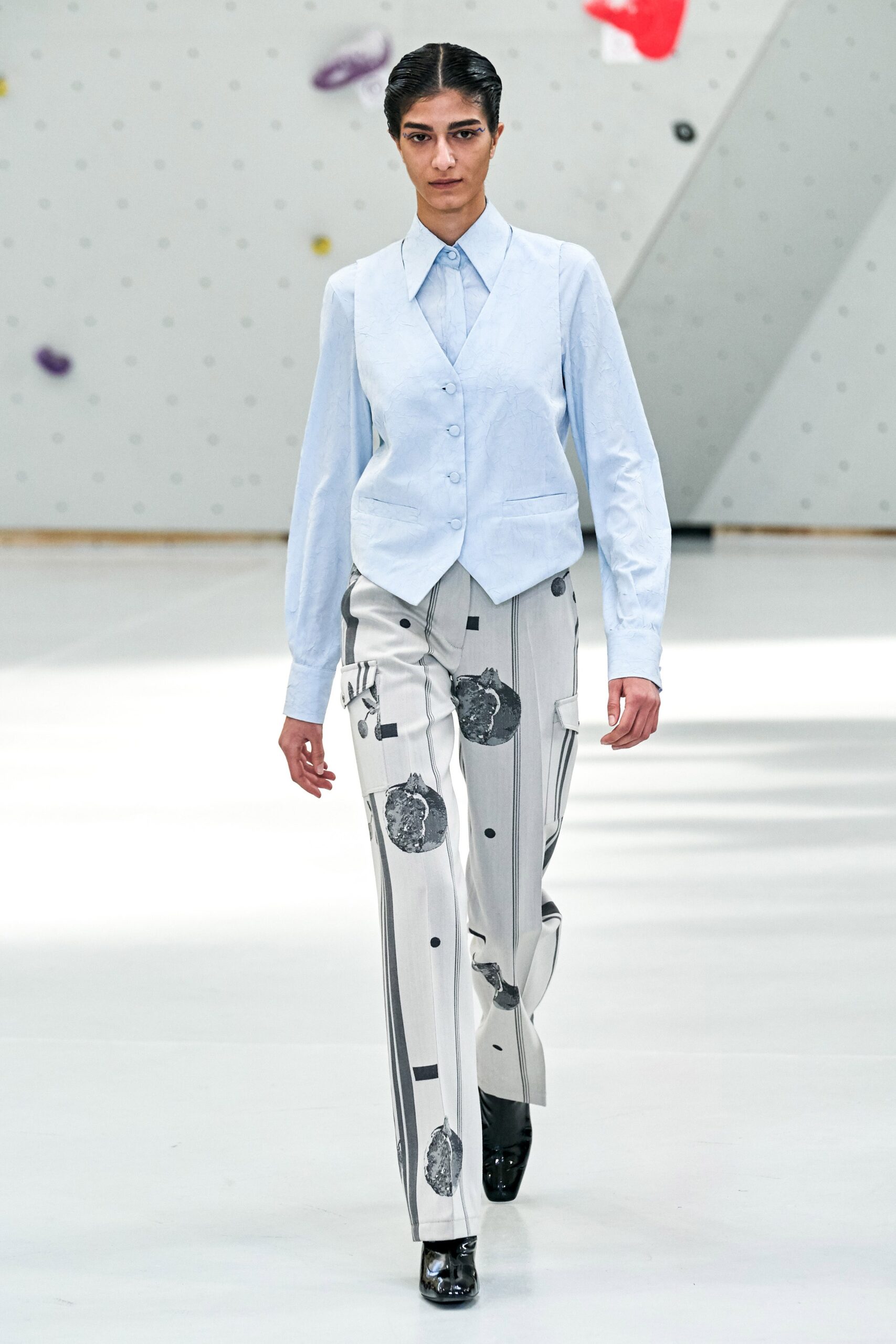 blue cotton shirt and vest with printed pants