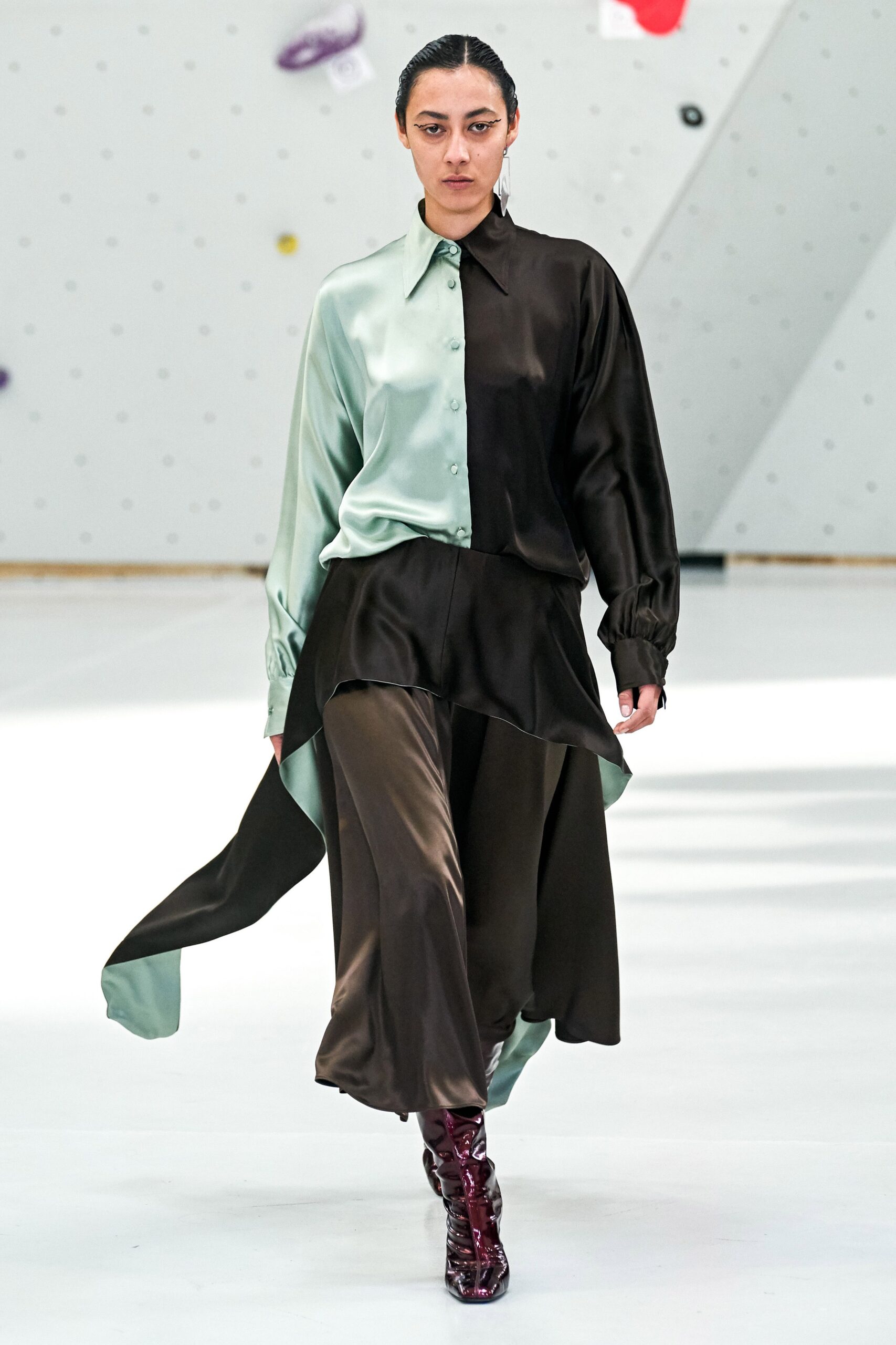 asymmetric silk midi dress with purple boots