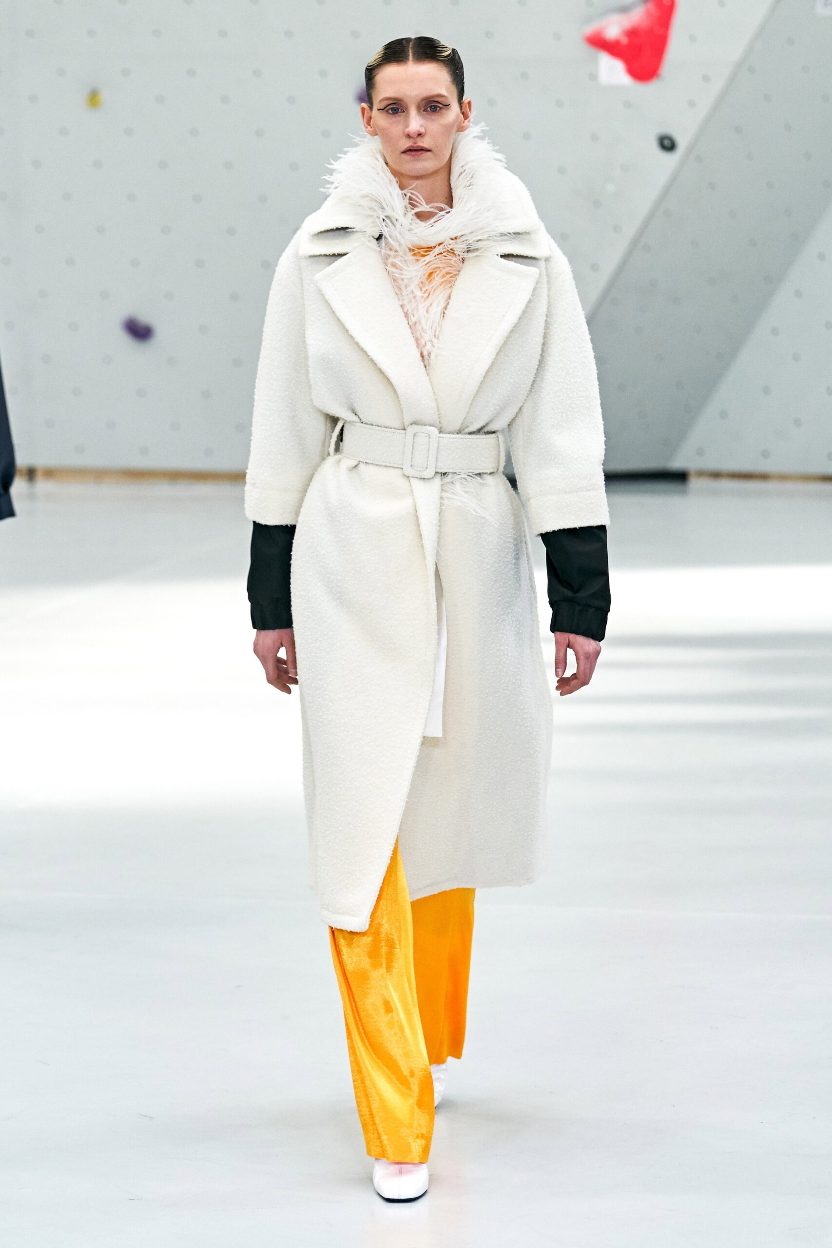 white wool long-sleeve collared fitted belted layered coat