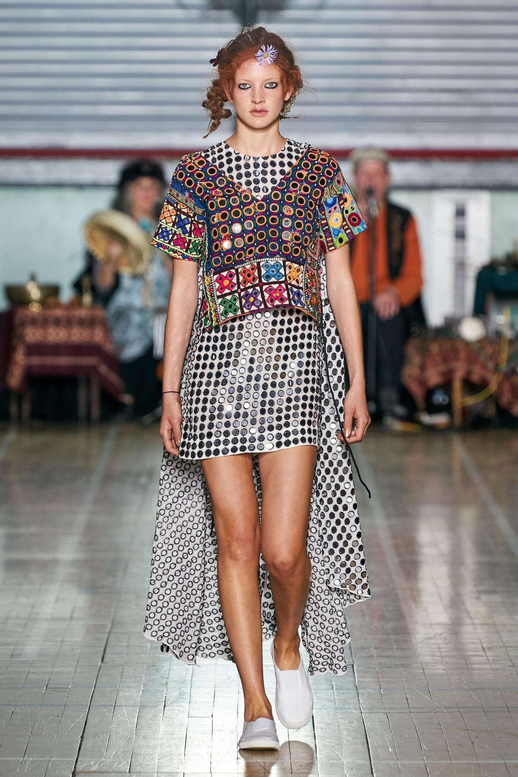 multi-colored embroidered top with mini skirt