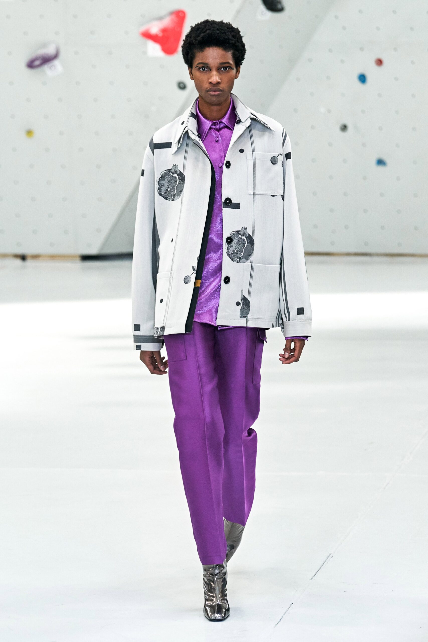 relaxed white jacket with purple shirt